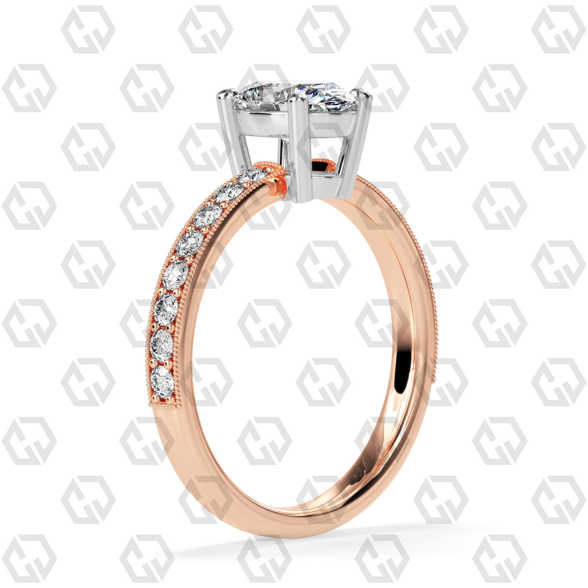 Ring 216 Oval shape milgrain pave set with Gems 3D print model_4