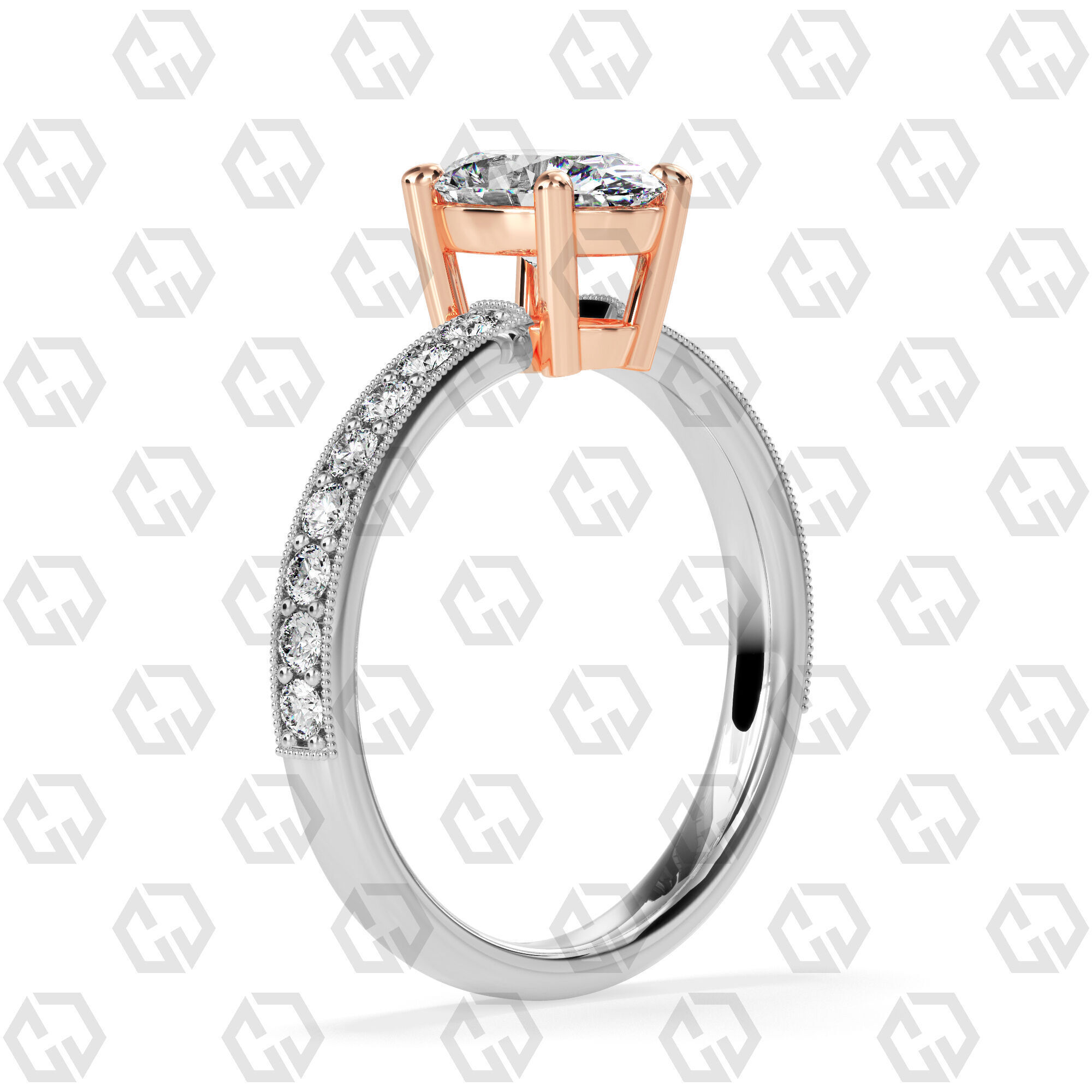 Ring 216 Oval shape milgrain pave set with Gems 3D print model_2
