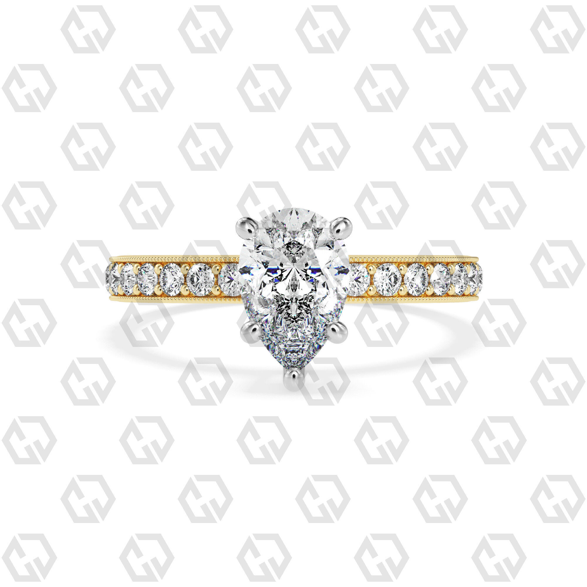 Ring 217 Pear shape milgrain pave set with Gems 3D print model_9