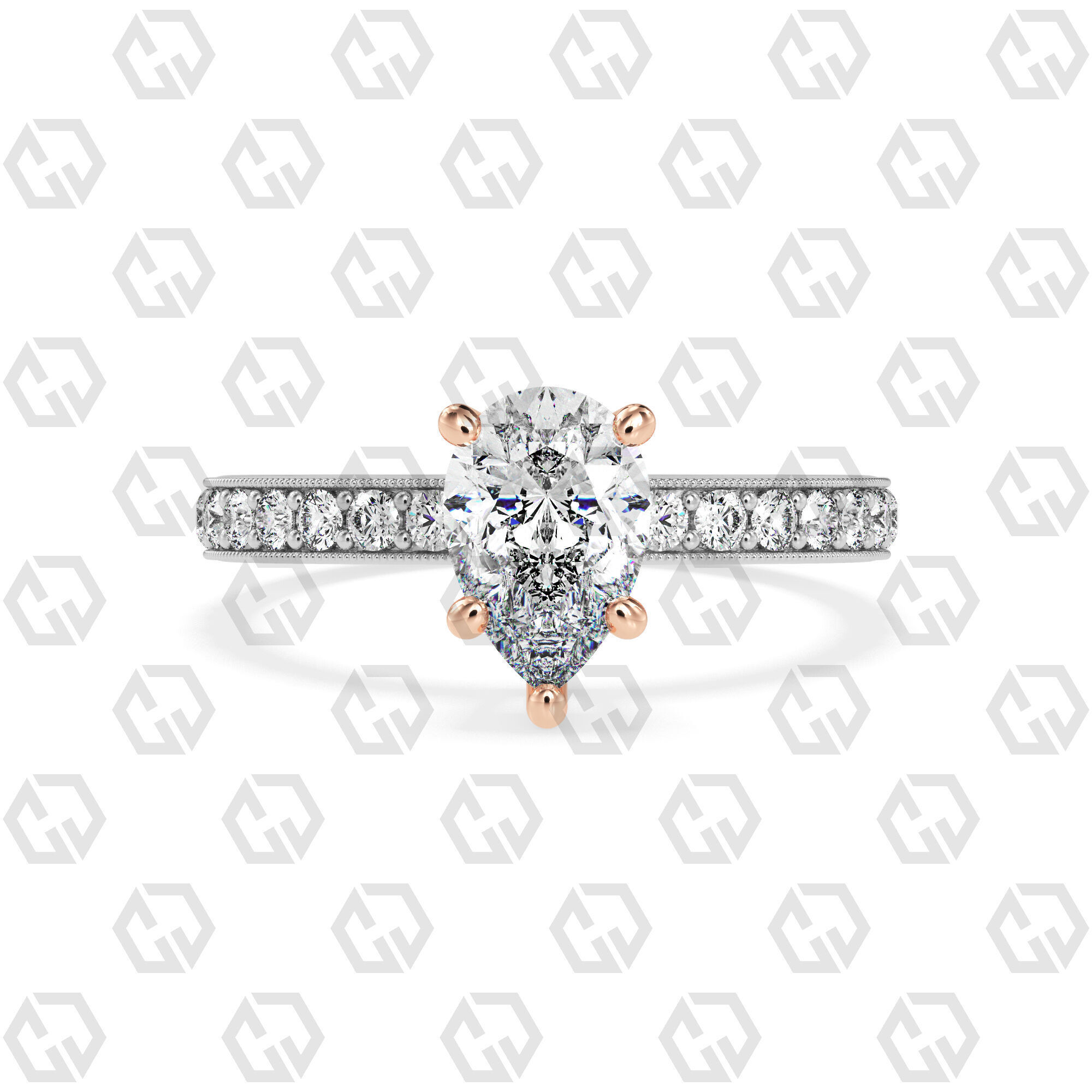 Ring 217 Pear shape milgrain pave set with Gems 3D print model_3