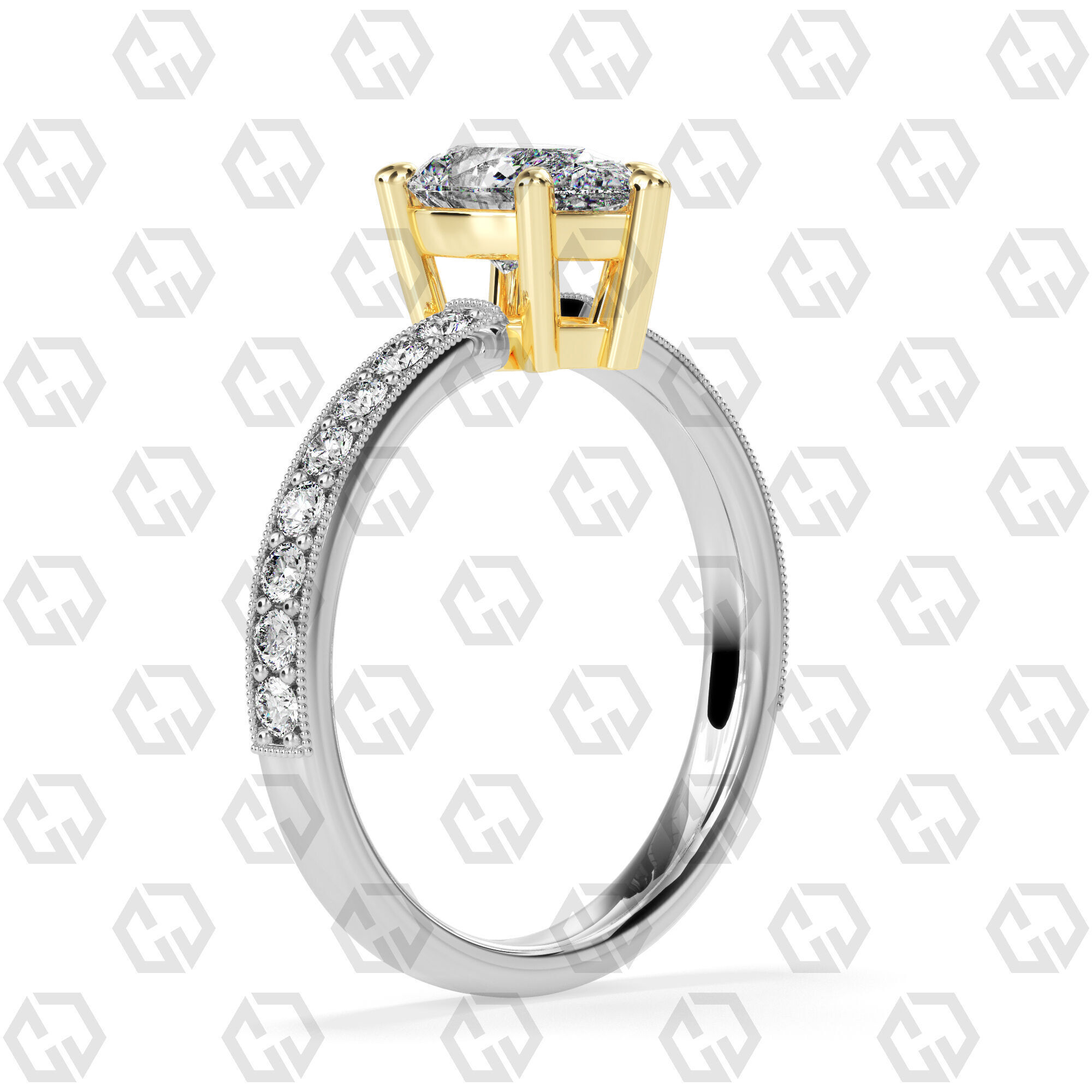 Ring 217 Pear shape milgrain pave set with Gems 3D print model_10