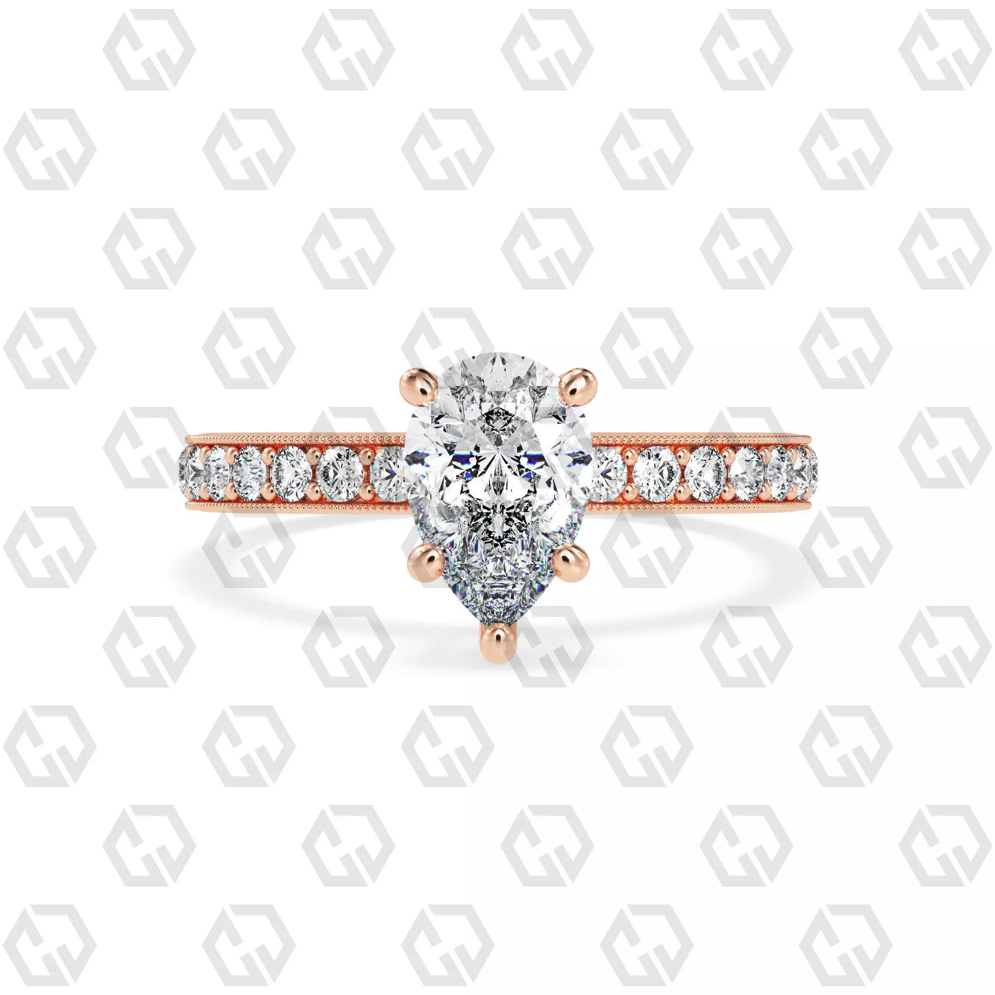 Ring 217 Pear shape milgrain pave set with Gems 3D print model_0