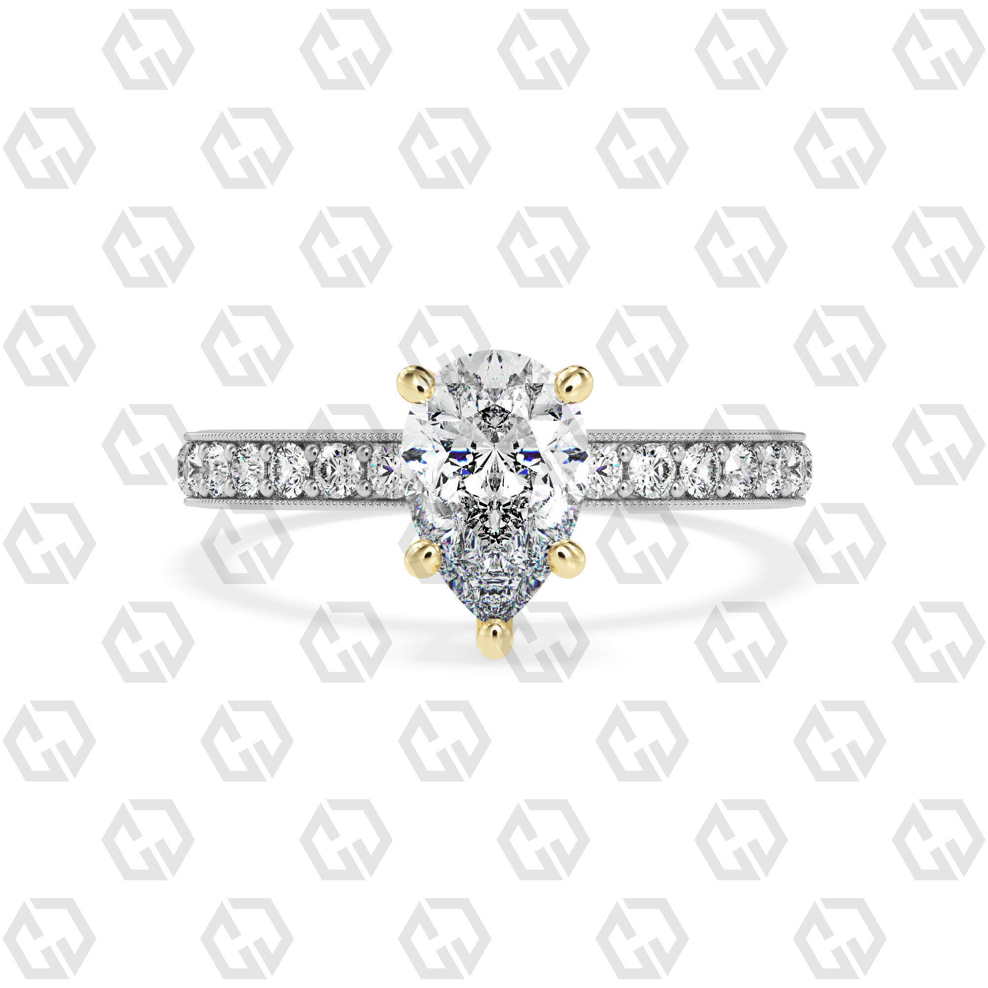 Ring 217 Pear shape milgrain pave set with Gems 3D print model_11