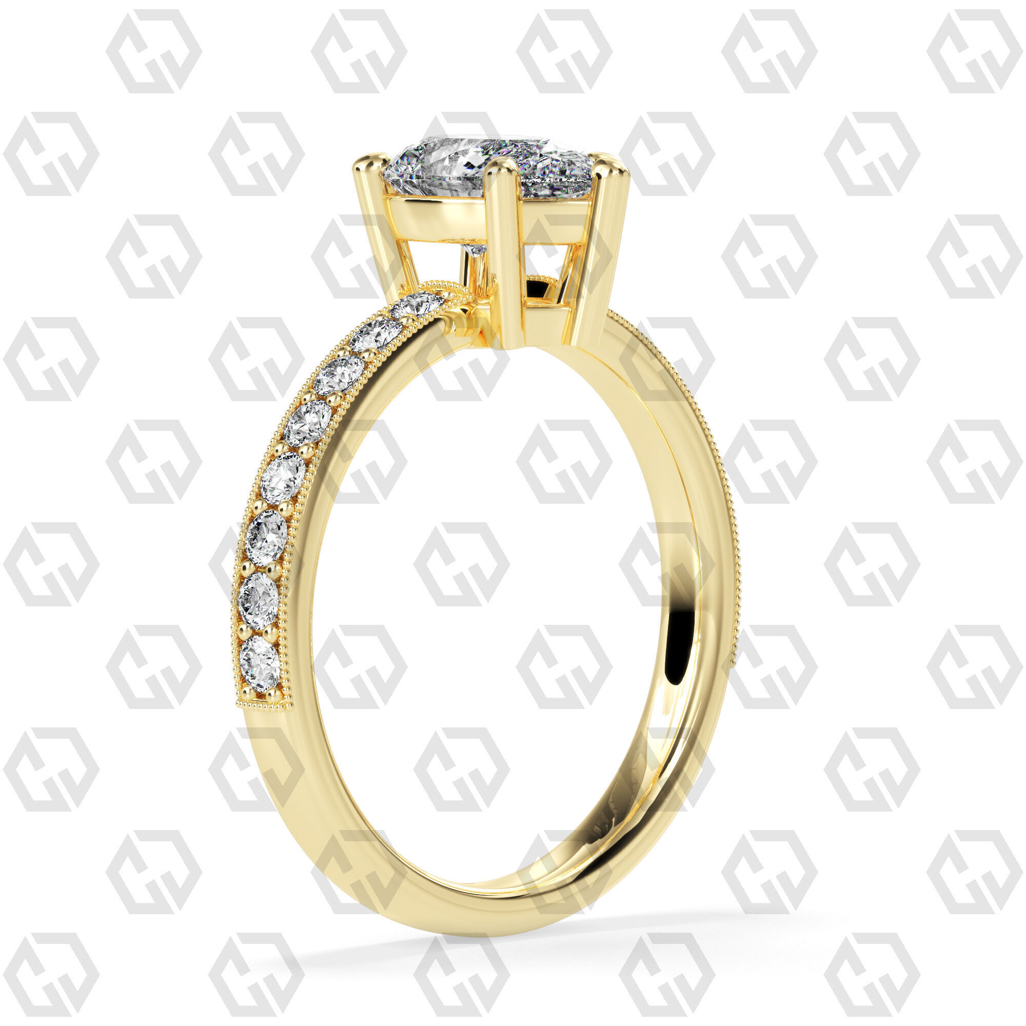 Ring 217 Pear shape milgrain pave set with Gems 3D print model_12