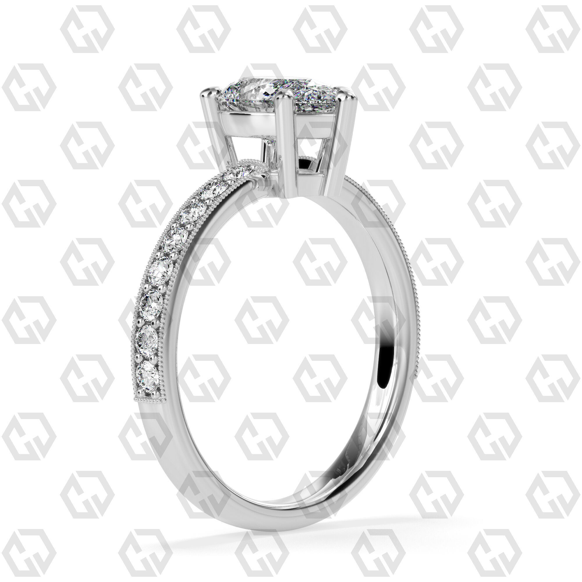 Ring 217 Pear shape milgrain pave set with Gems 3D print model_6