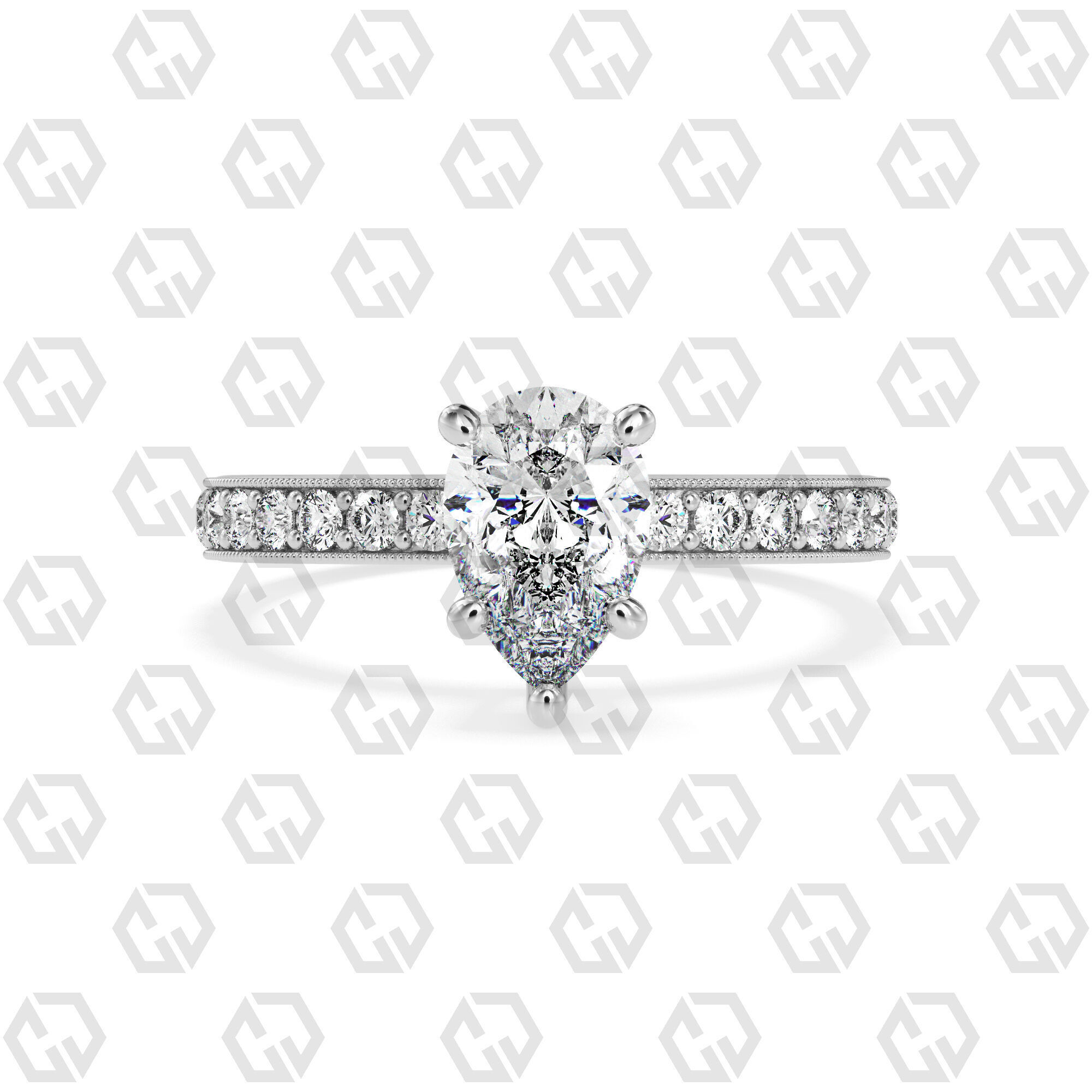 Ring 217 Pear shape milgrain pave set with Gems 3D print model_7
