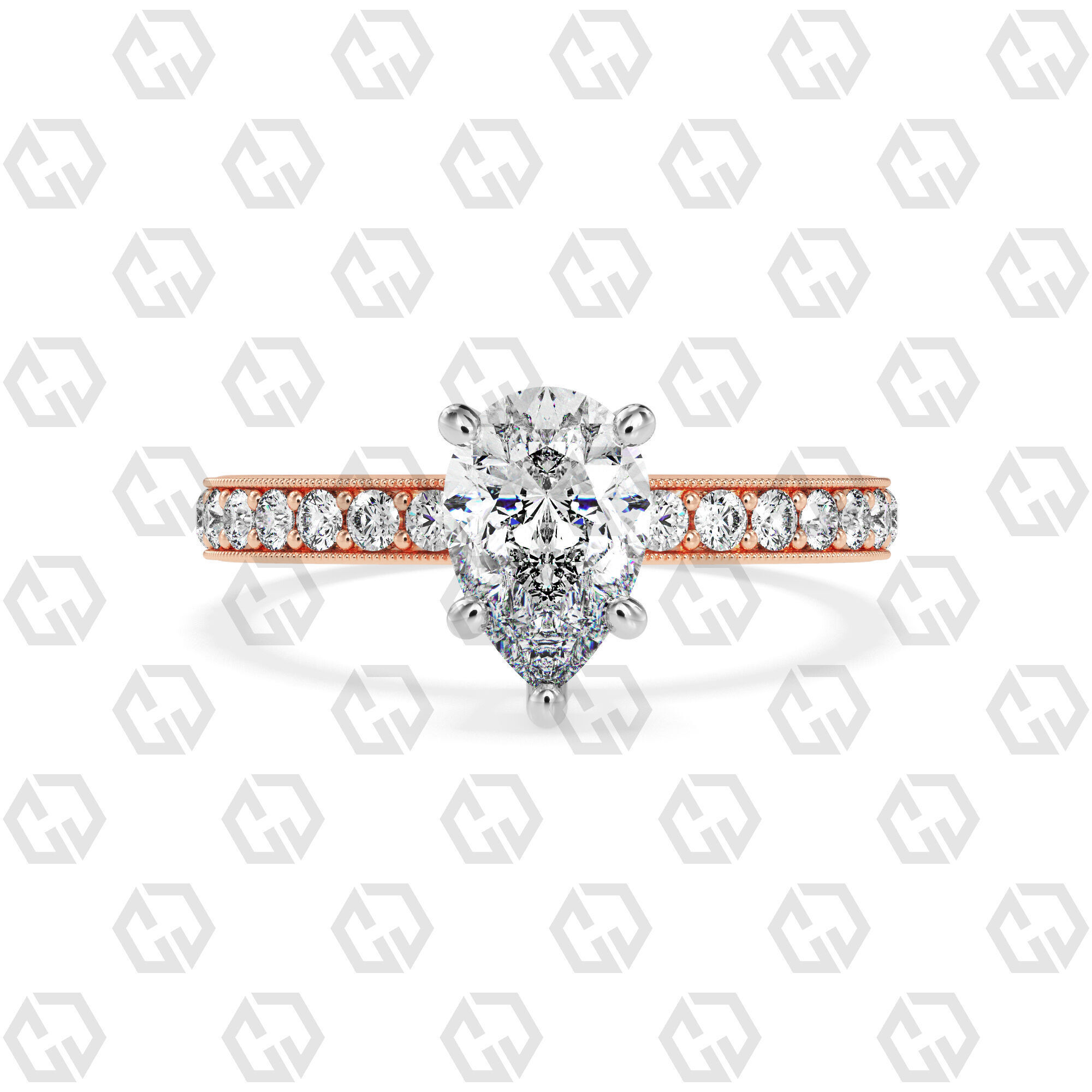 Ring 217 Pear shape milgrain pave set with Gems 3D print model_5