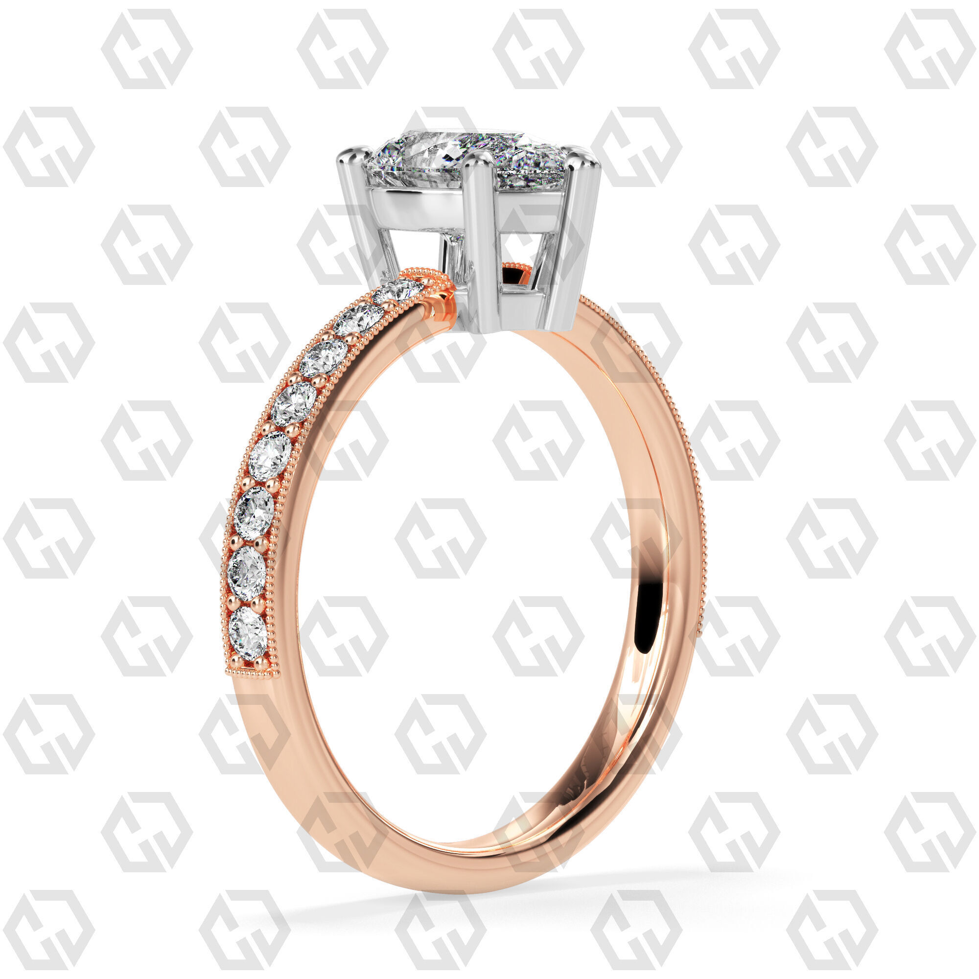 Ring 217 Pear shape milgrain pave set with Gems 3D print model_4