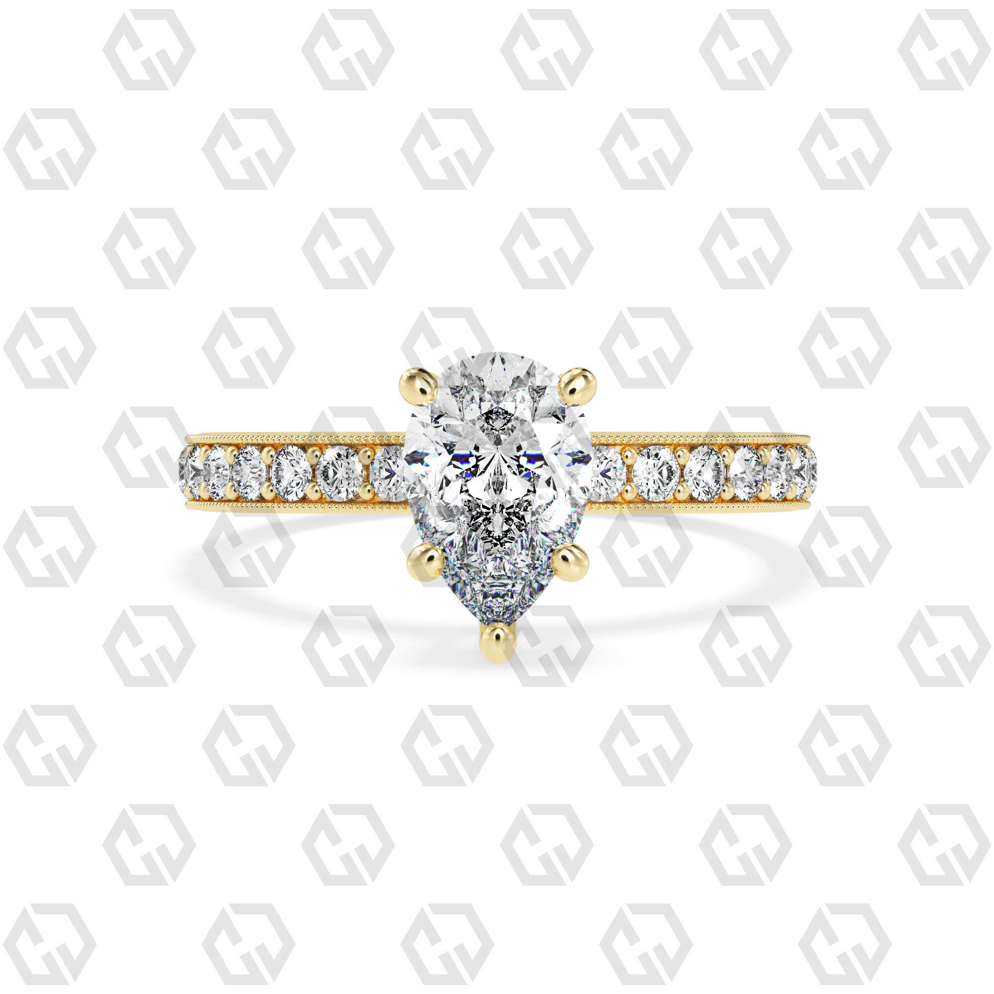 Ring 217 Pear shape milgrain pave set with Gems 3D print model_13