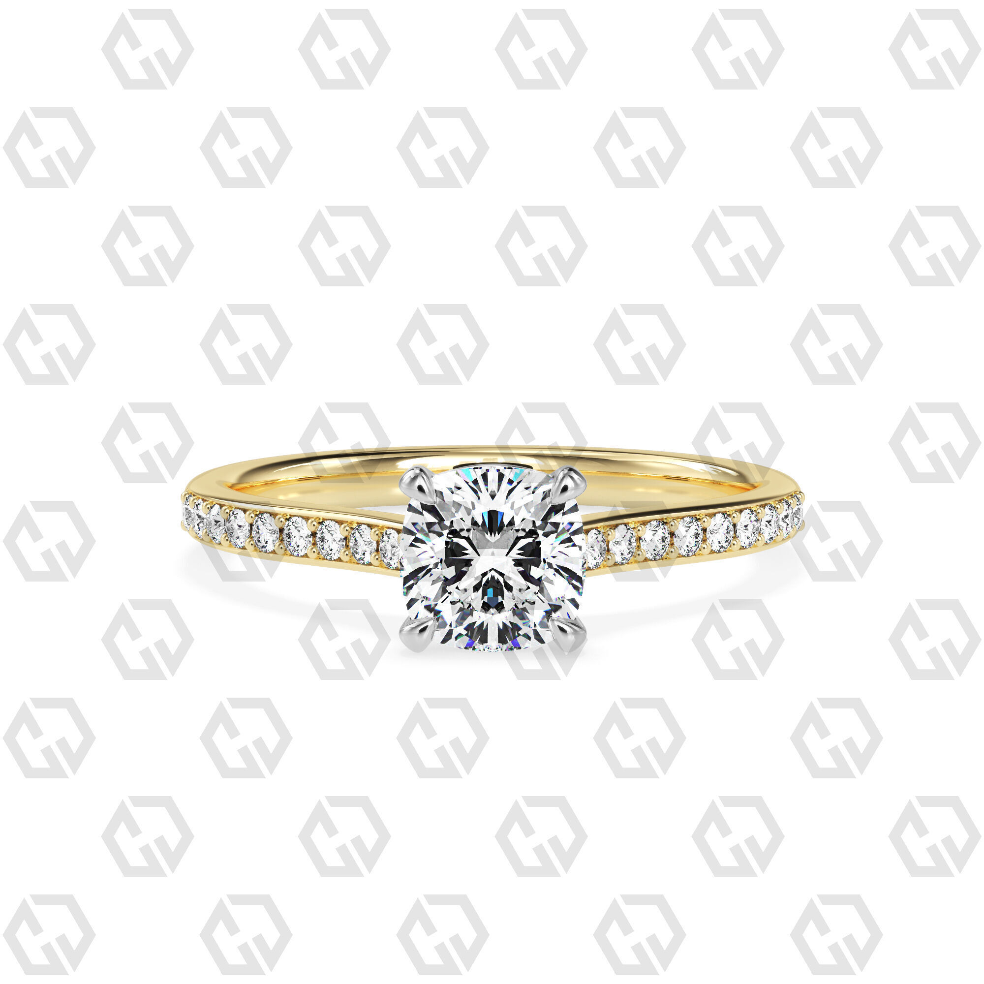 Ring 52 Cushion shape pave setting ring with gems 3D print model_9