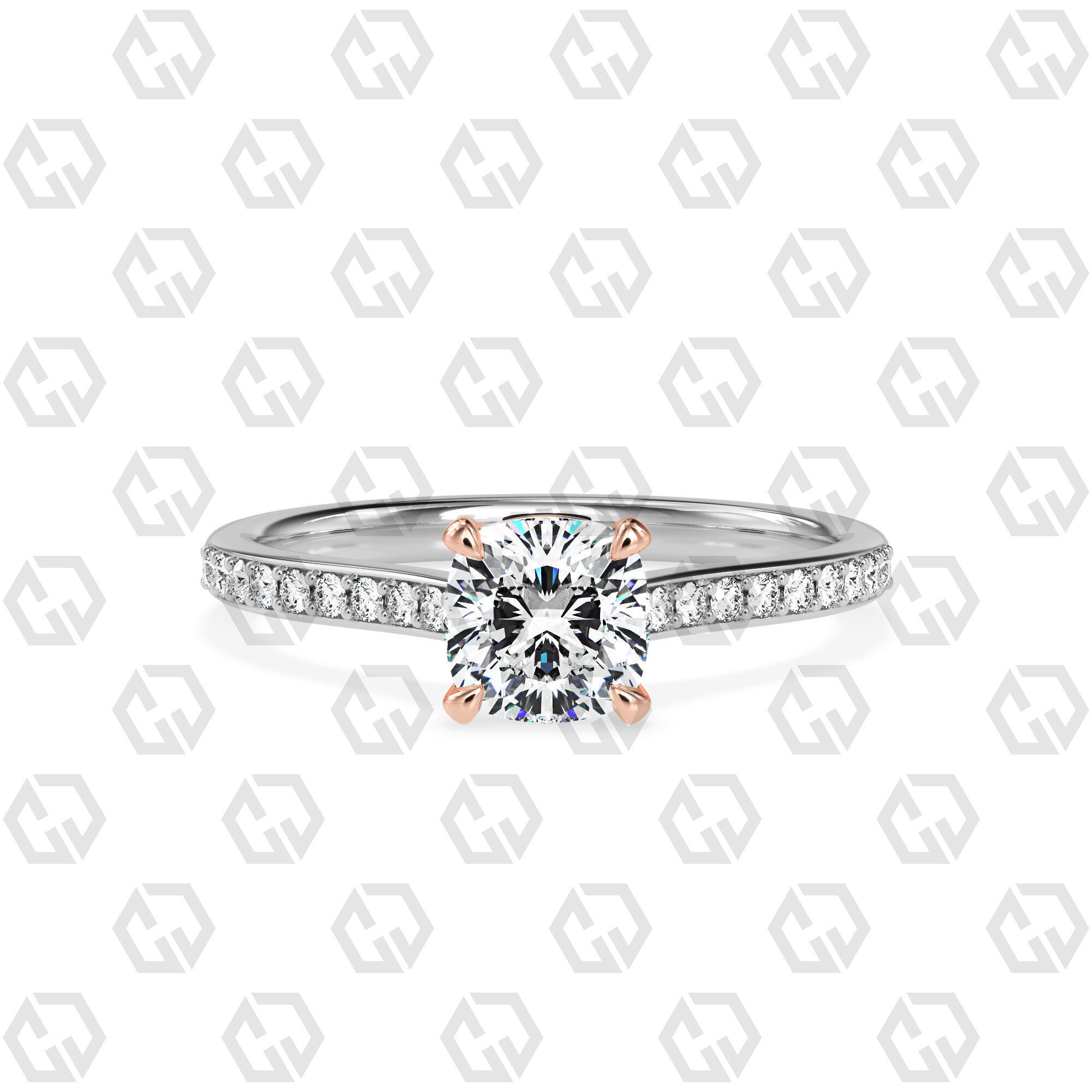 Ring 52 Cushion shape pave setting ring with gems 3D print model_3