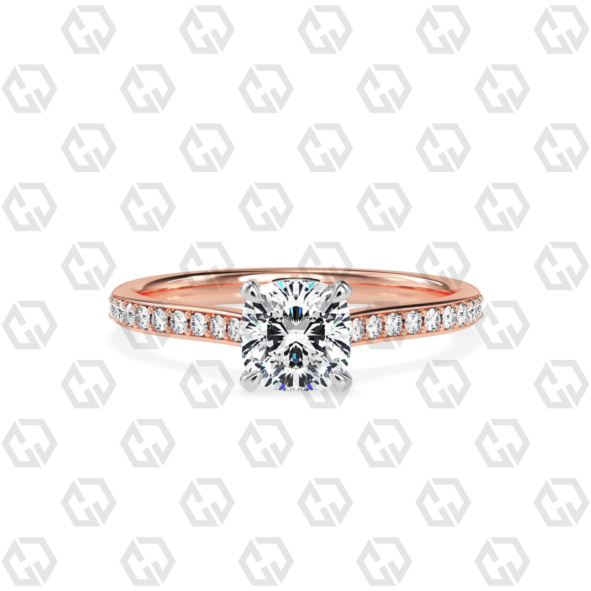 Ring 52 Cushion shape pave setting ring with gems 3D print model_5