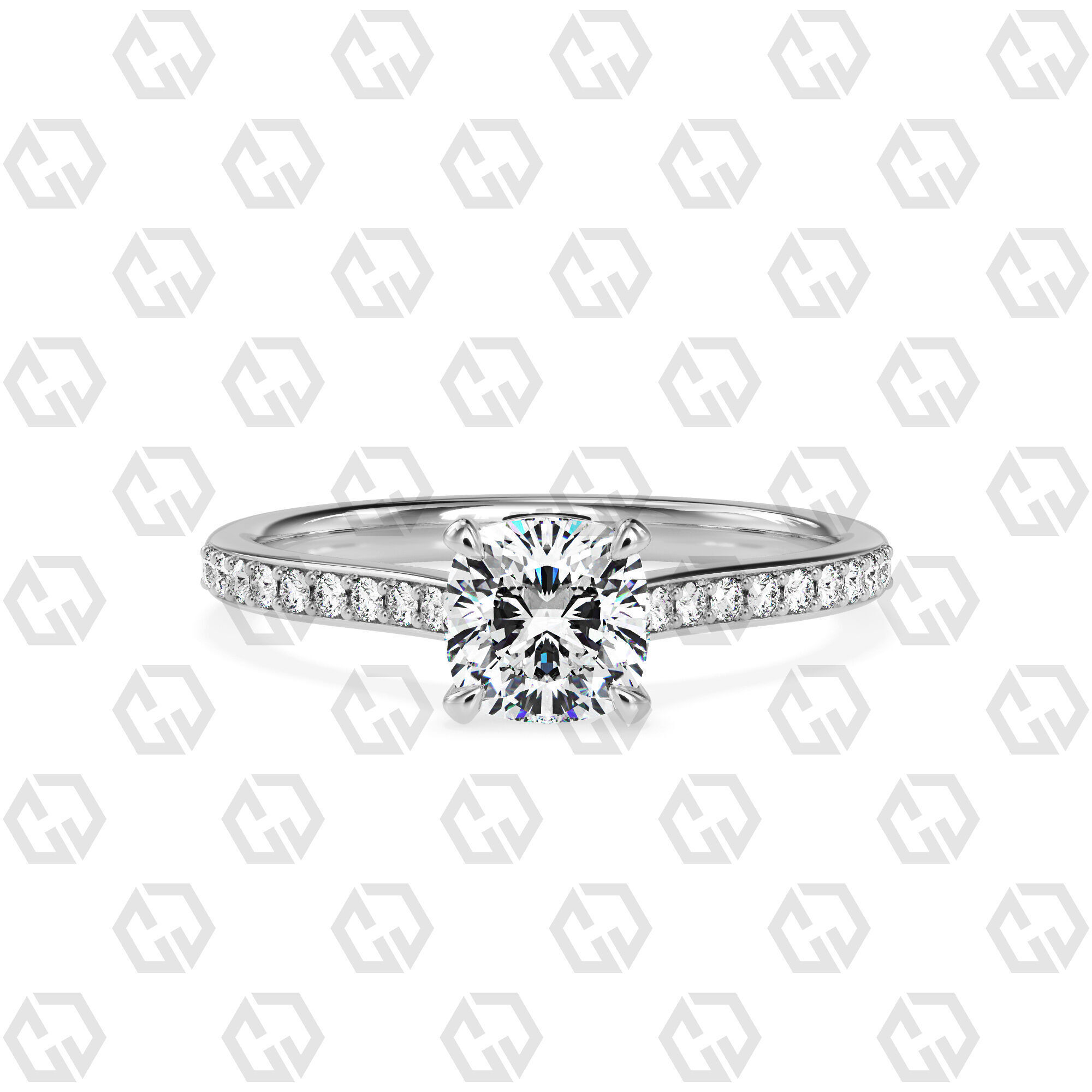 Ring 52 Cushion shape pave setting ring with gems 3D print model_7