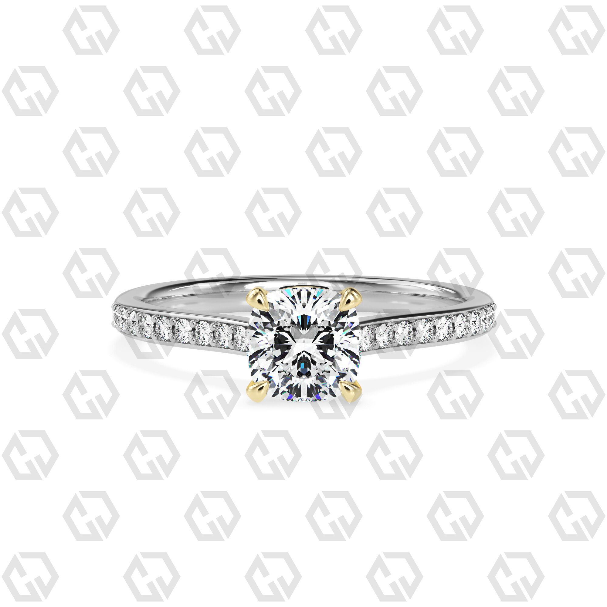 Ring 52 Cushion shape pave setting ring with gems 3D print model_11