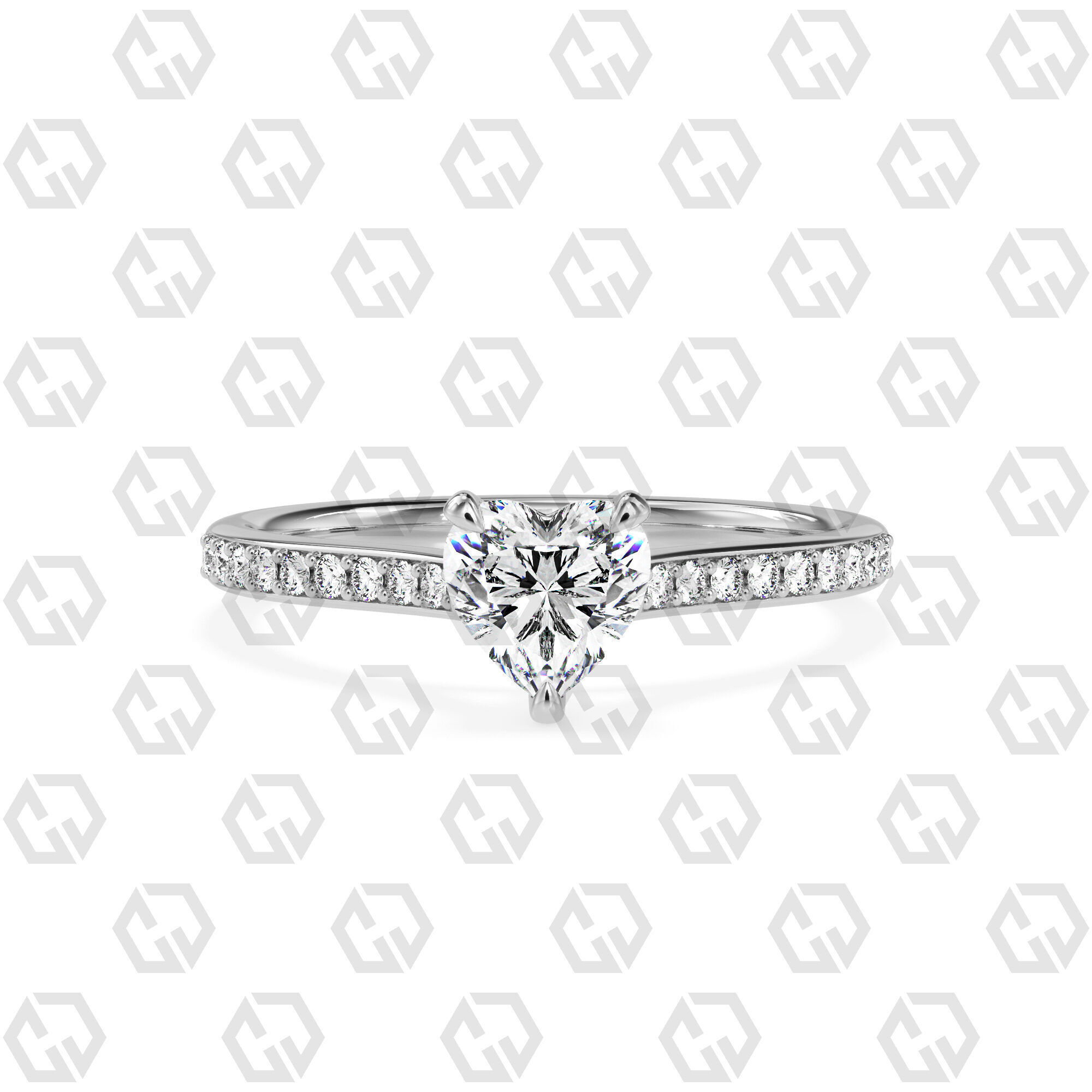 Ring 54 Heart Shape Pave setting ring with Gems 3D print model_7