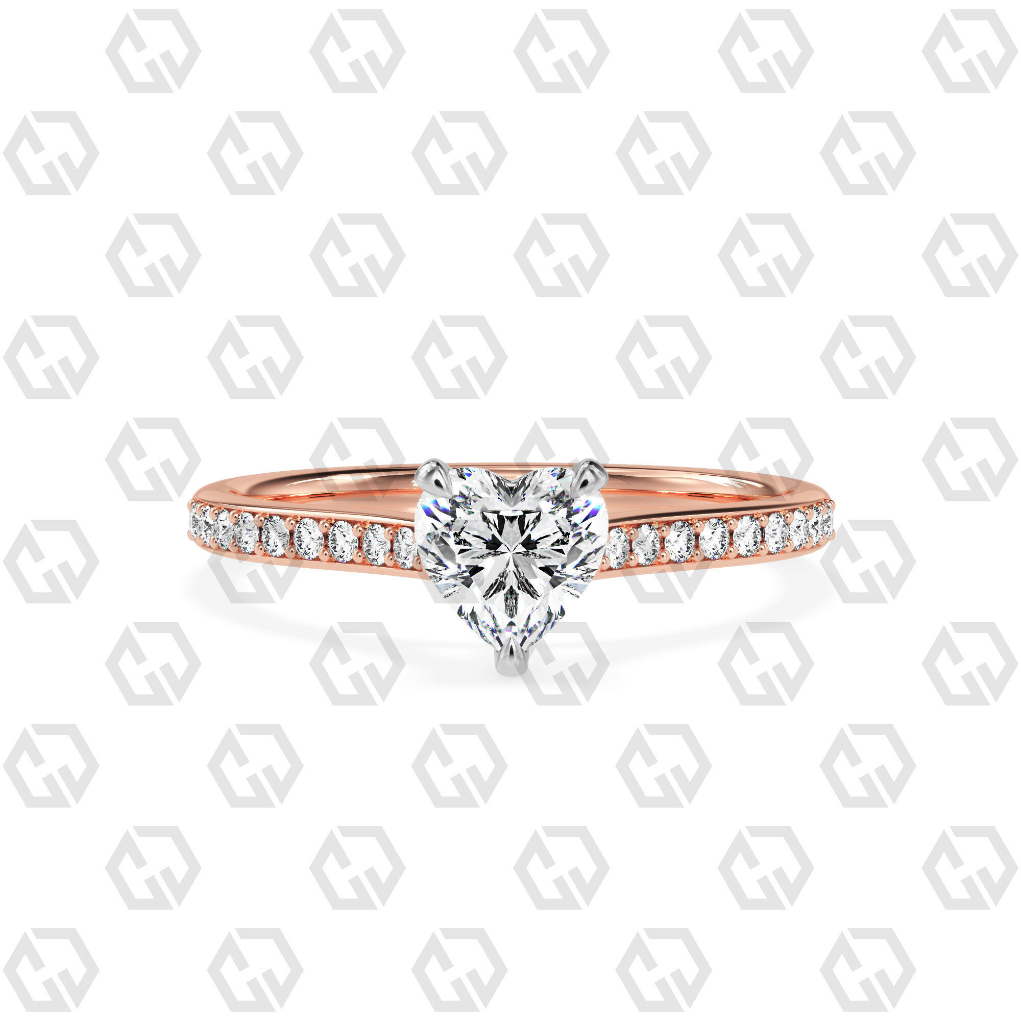 Ring 54 Heart Shape Pave setting ring with Gems 3D print model_5