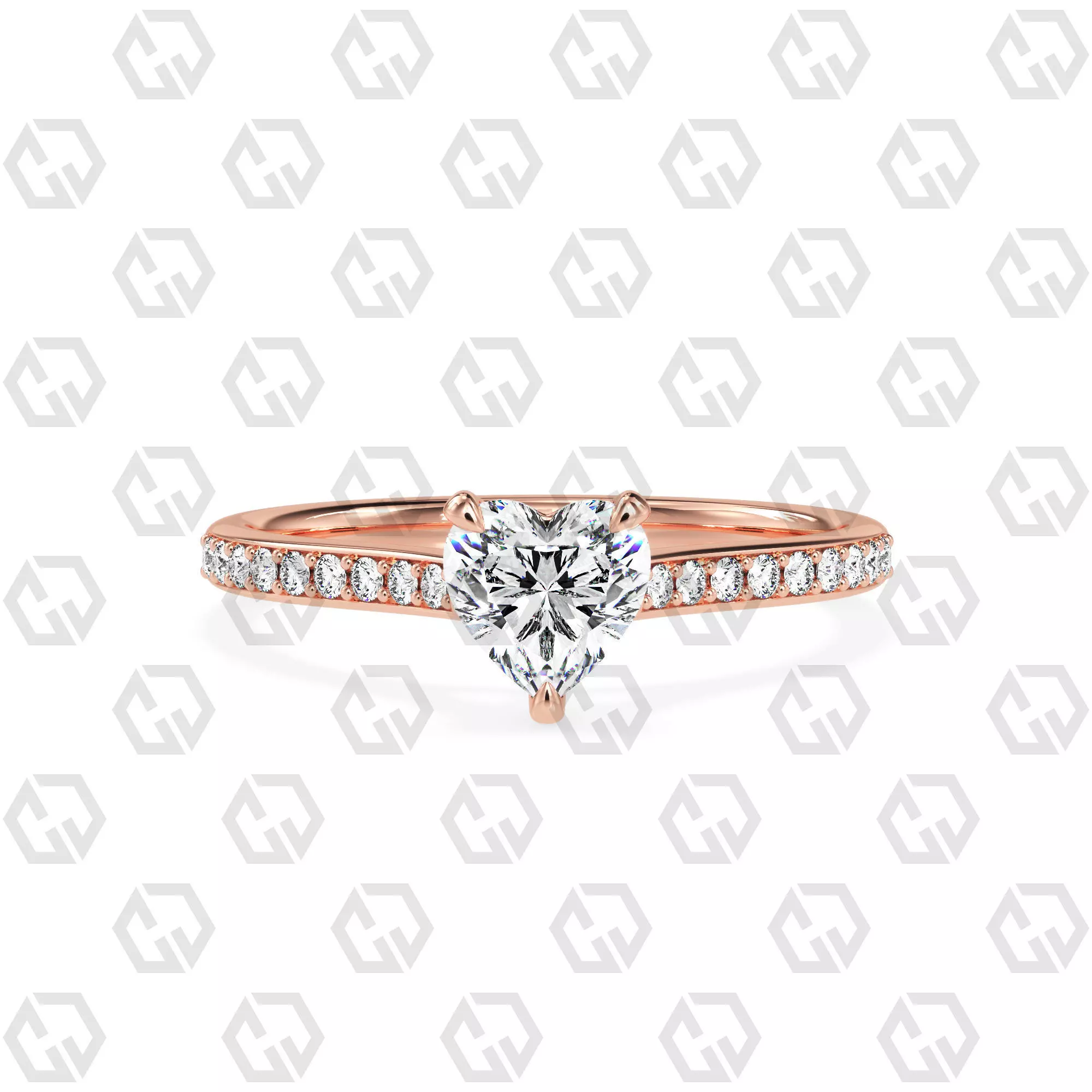 Ring 54 Heart Shape Pave setting ring with Gems 3D print model_0