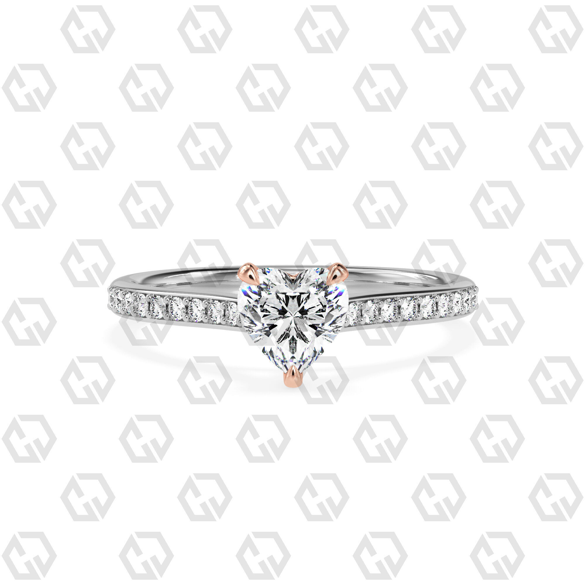 Ring 54 Heart Shape Pave setting ring with Gems 3D print model_3