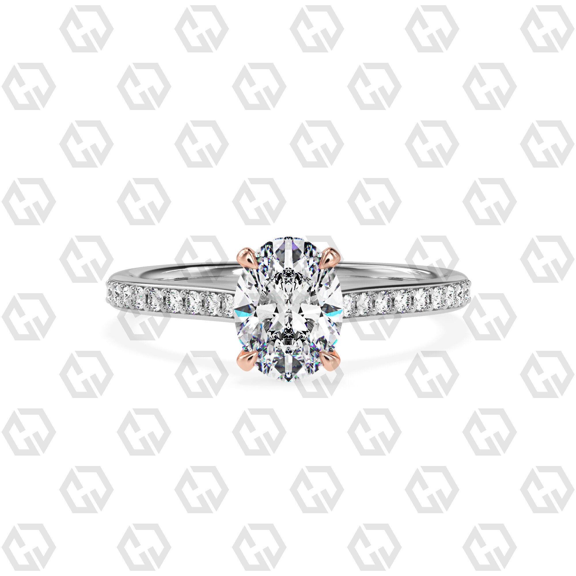 Ring 56 Oval shape pave setting ring with gems 3D print model_3