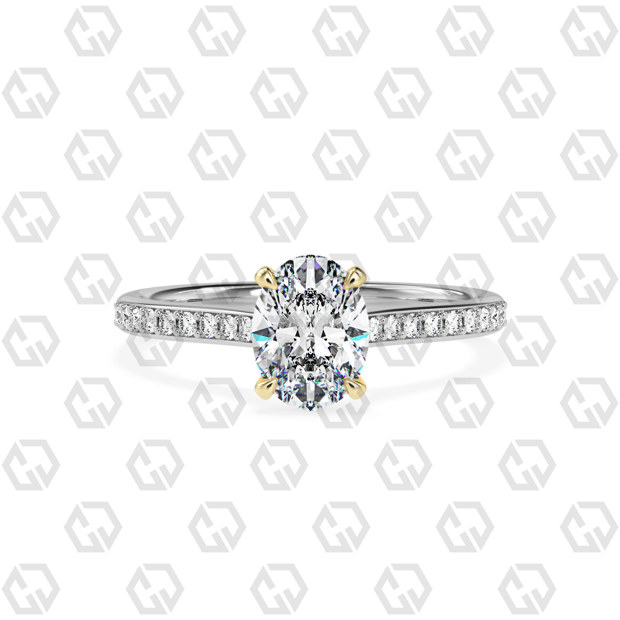 Ring 56 Oval shape pave setting ring with gems 3D print model_11