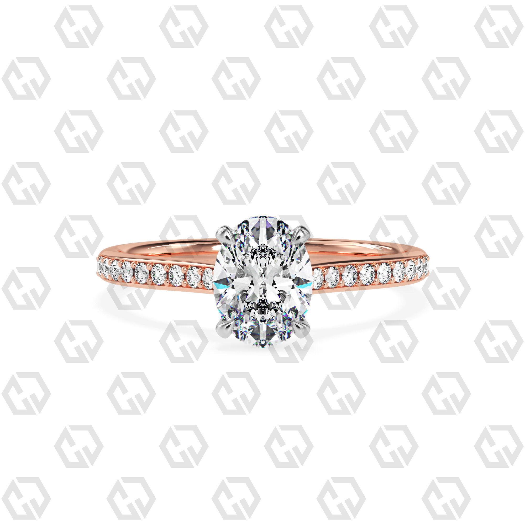 Ring 56 Oval shape pave setting ring with gems 3D print model_5