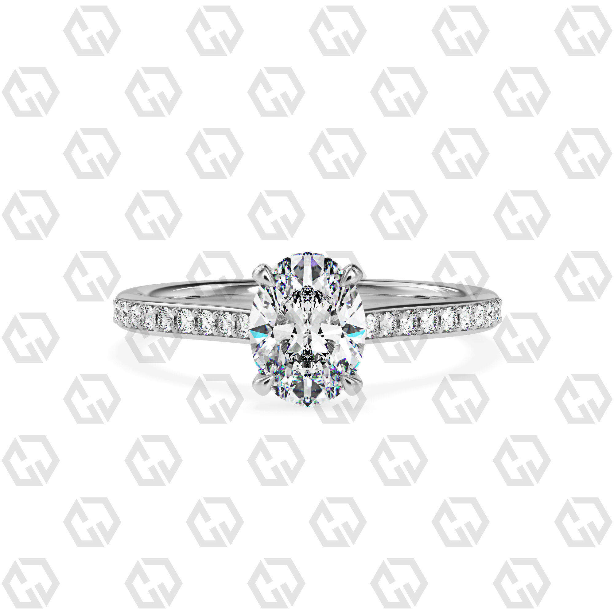 Ring 56 Oval shape pave setting ring with gems 3D print model_7