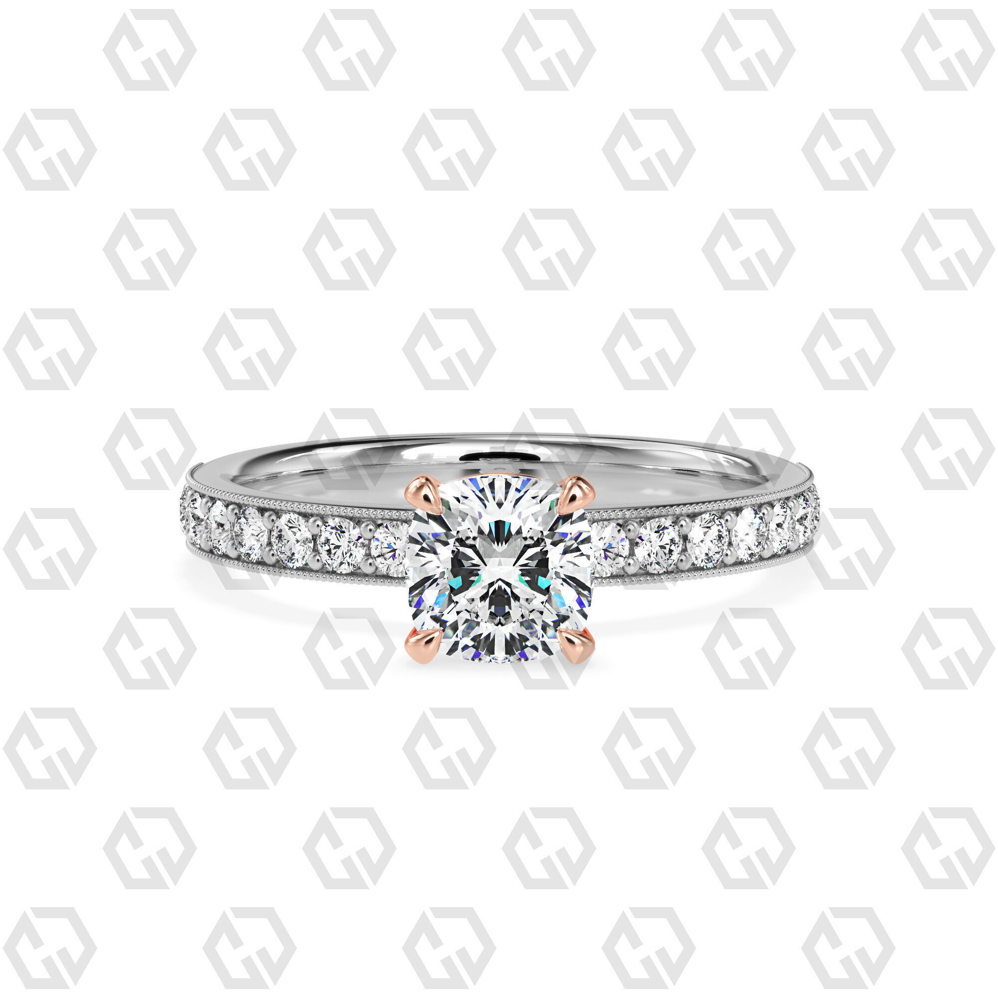 Ring 62 Cushion Shape milgrain pave set ring with Gems 3D print model_3