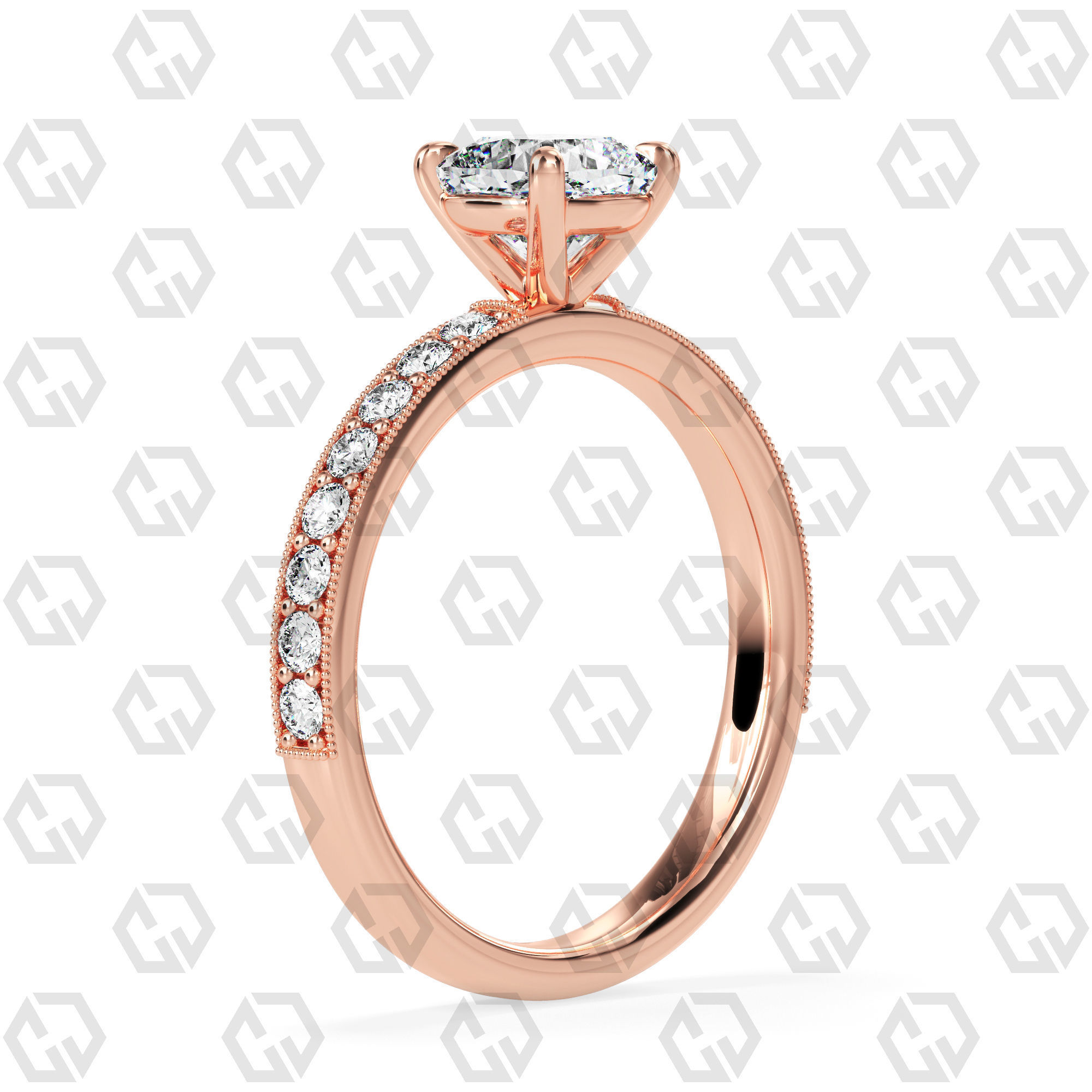 Ring 62 Cushion Shape milgrain pave set ring with Gems 3D print model_1