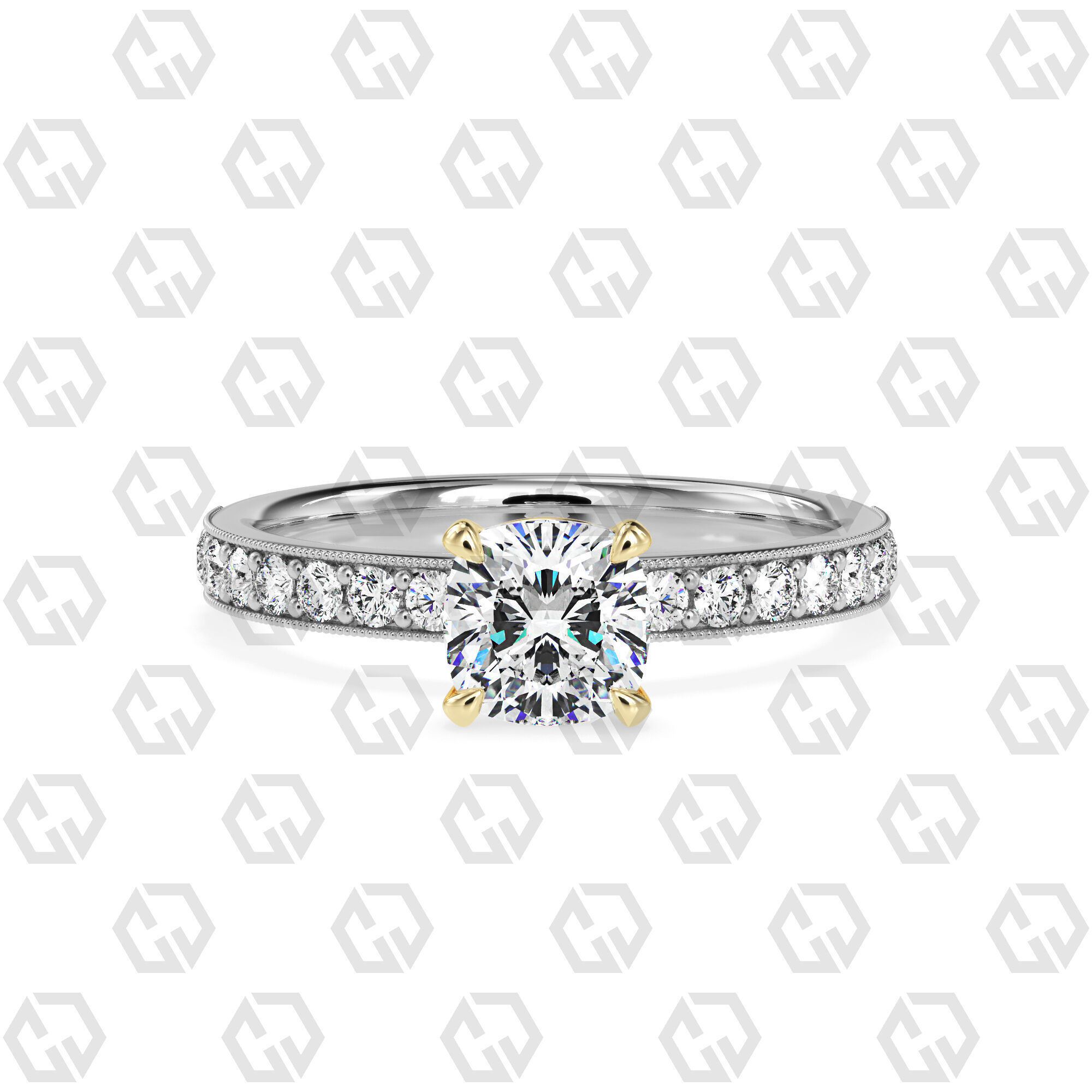 Ring 62 Cushion Shape milgrain pave set ring with Gems 3D print model_11