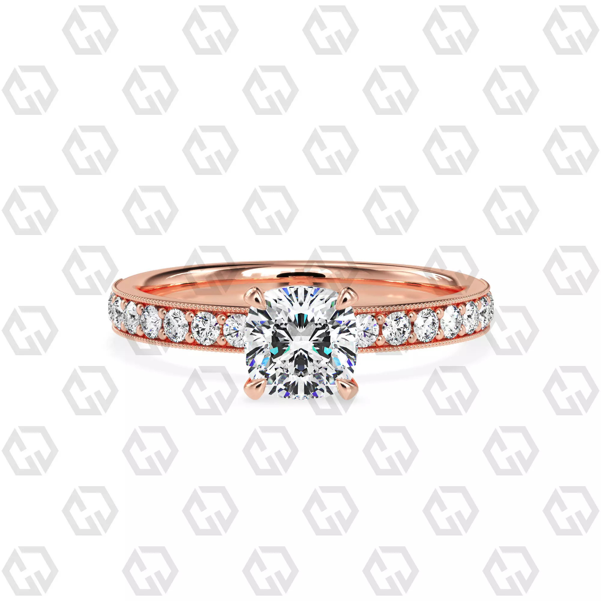 Ring 62 Cushion Shape milgrain pave set ring with Gems 3D print model_0