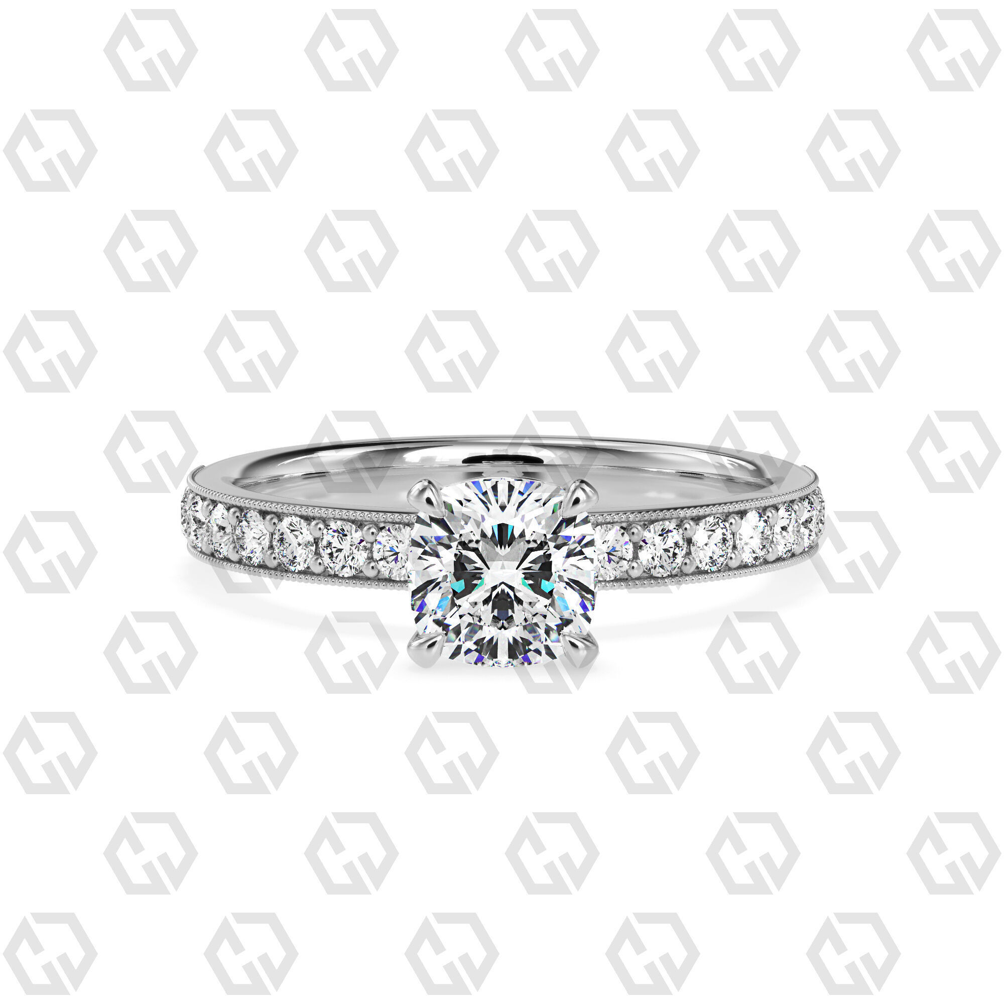 Ring 62 Cushion Shape milgrain pave set ring with Gems 3D print model_7