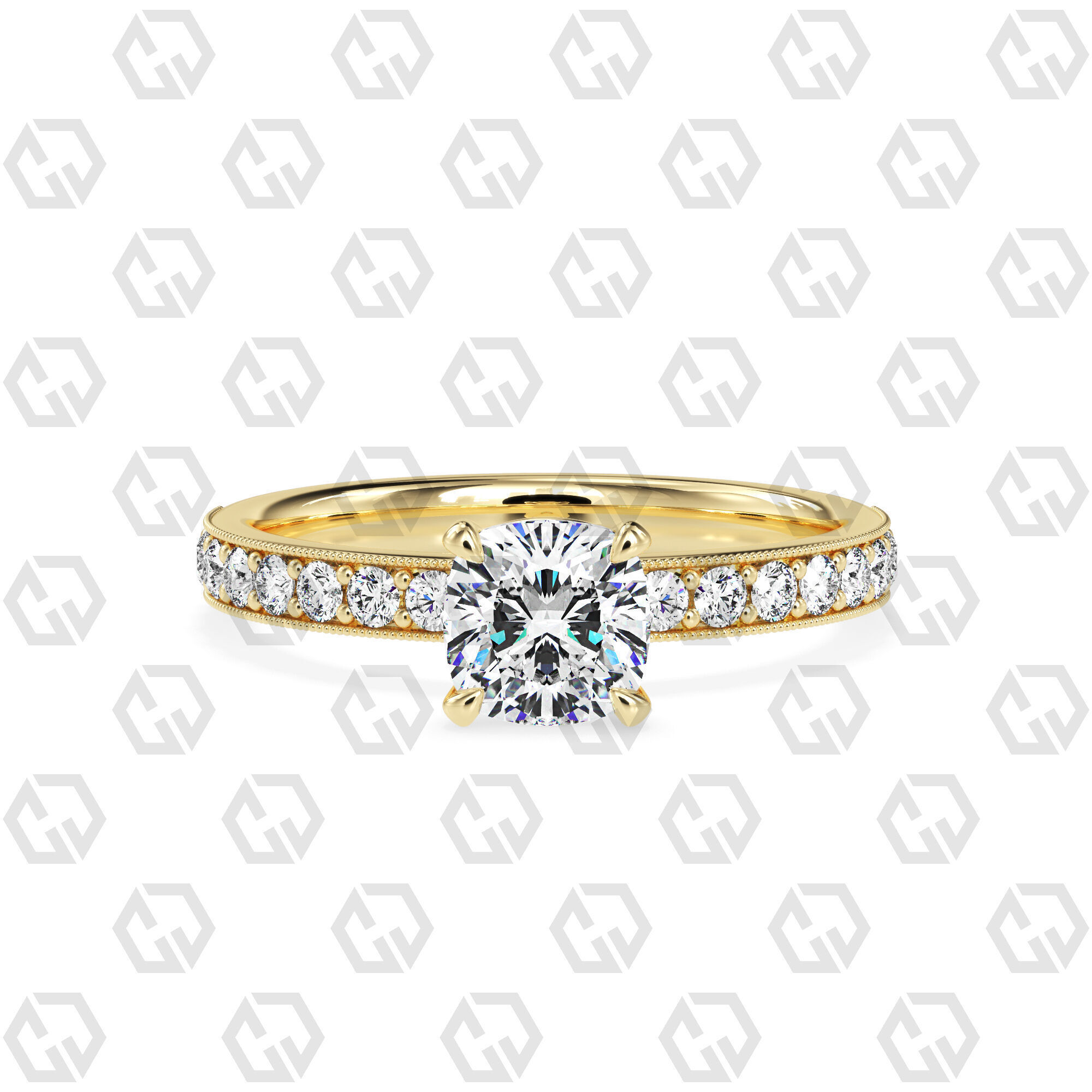Ring 62 Cushion Shape milgrain pave set ring with Gems 3D print model_13