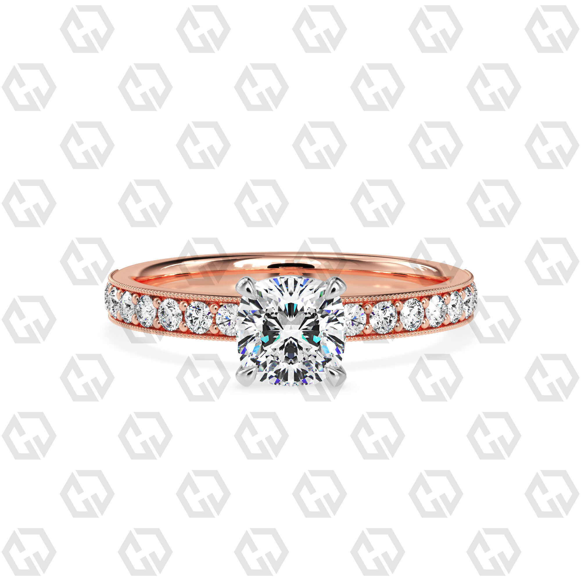 Ring 62 Cushion Shape milgrain pave set ring with Gems 3D print model_5