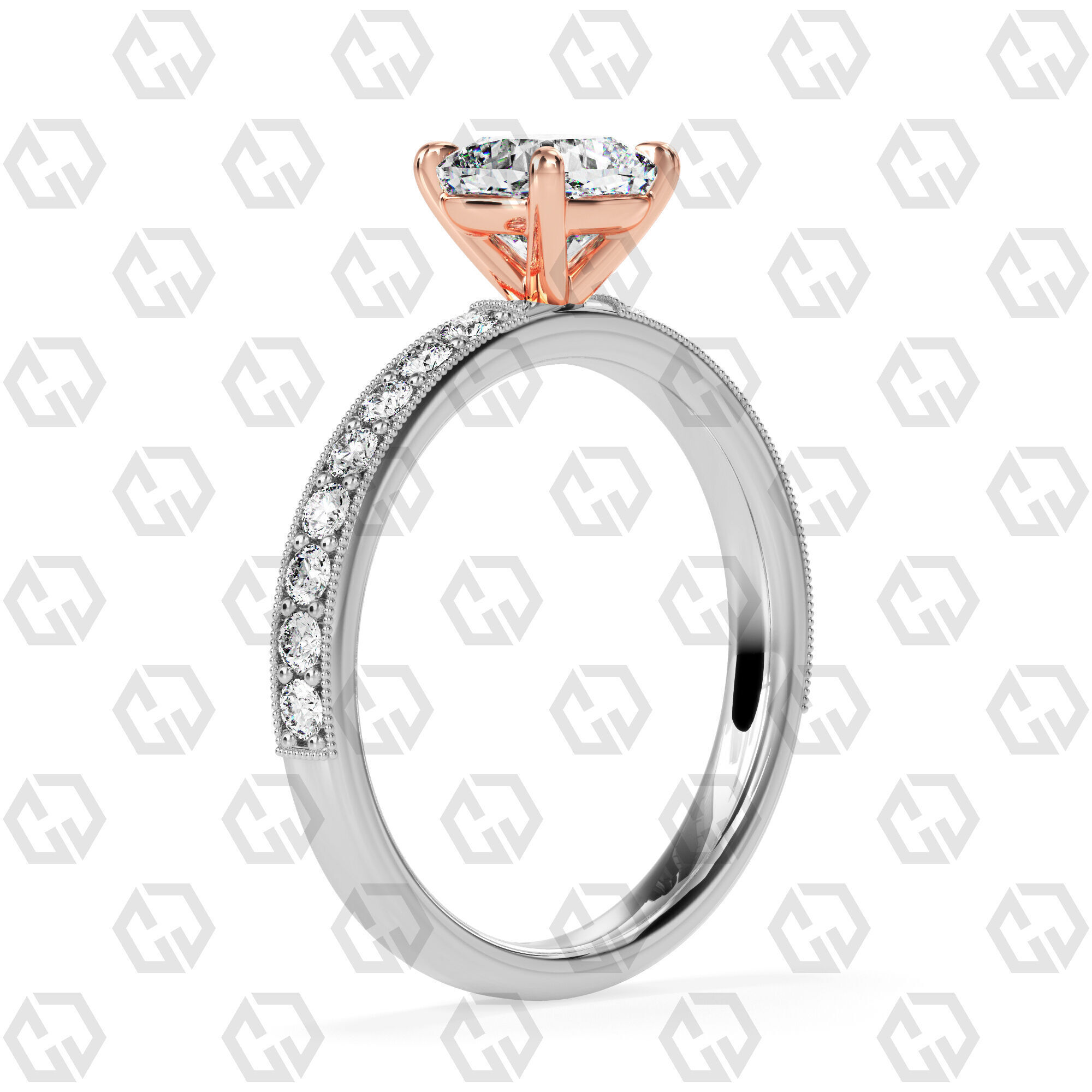 Ring 62 Cushion Shape milgrain pave set ring with Gems 3D print model_2