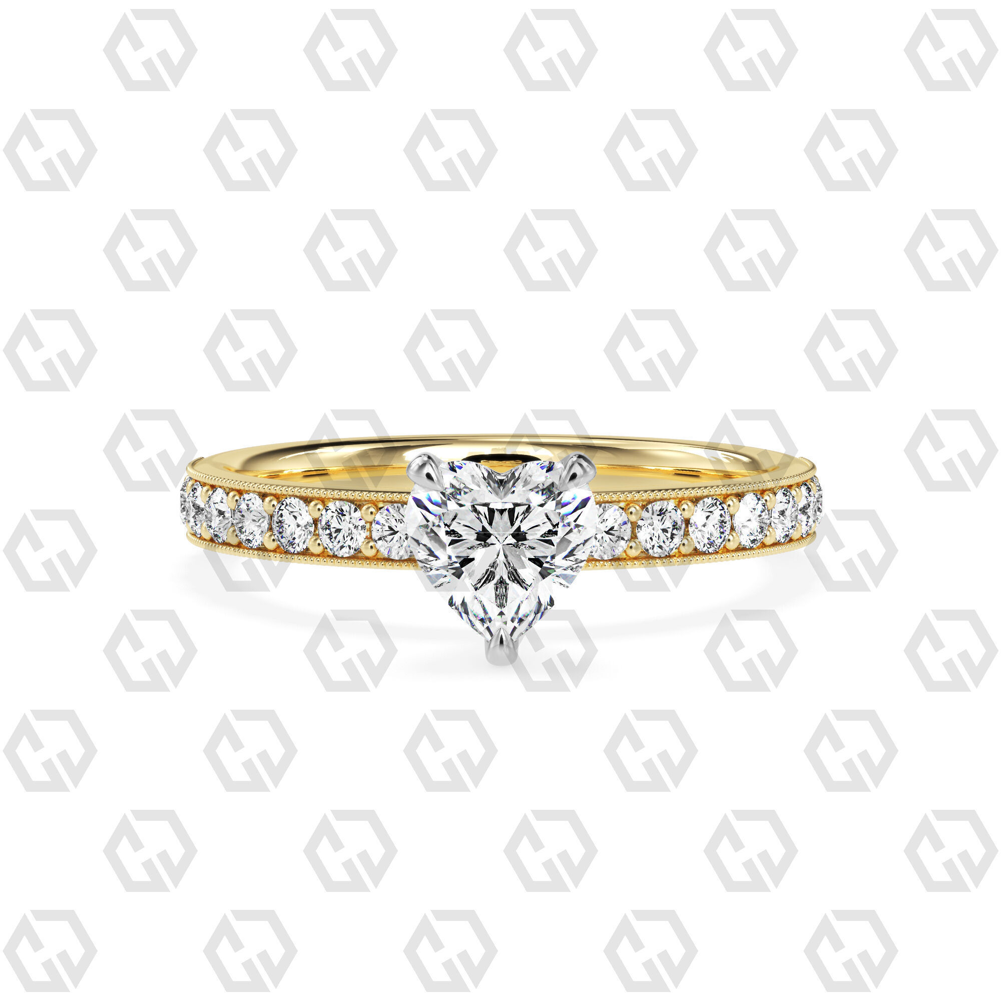 Ring 64 Heart Shape milgrain pave set ring with Gems 3D print model_9