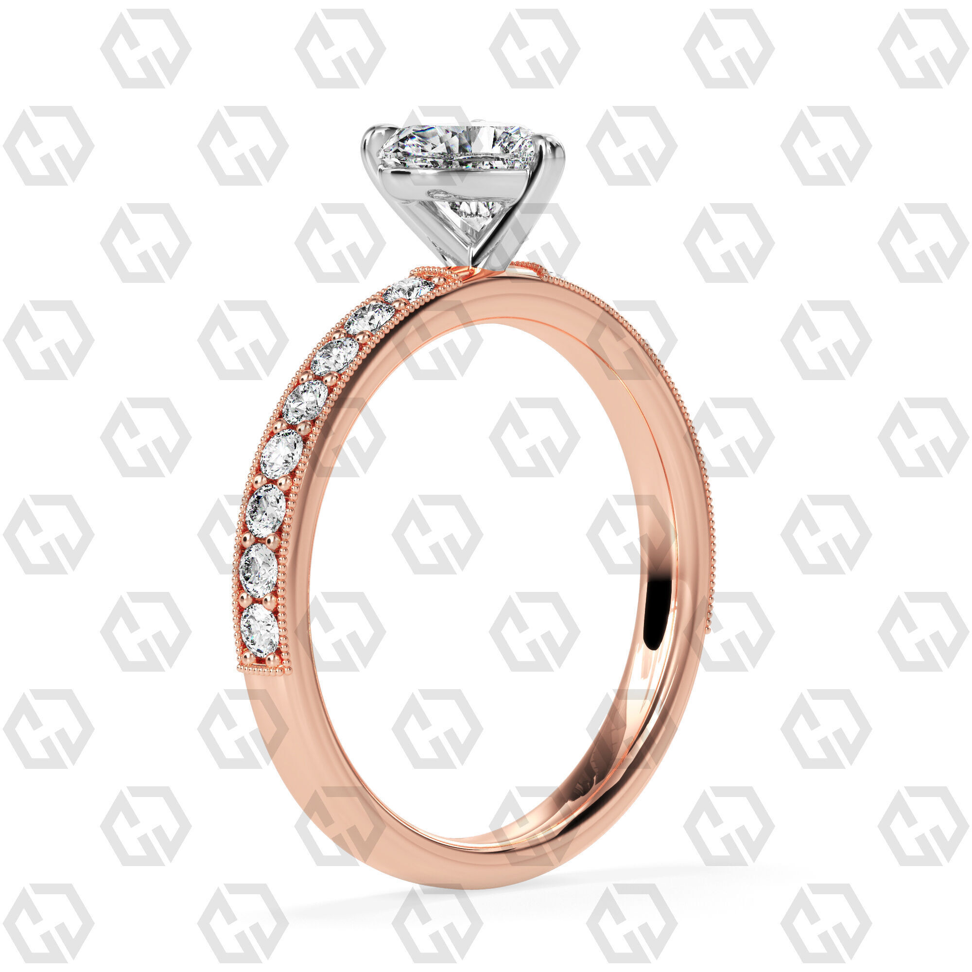 Ring 64 Heart Shape milgrain pave set ring with Gems 3D print model_4