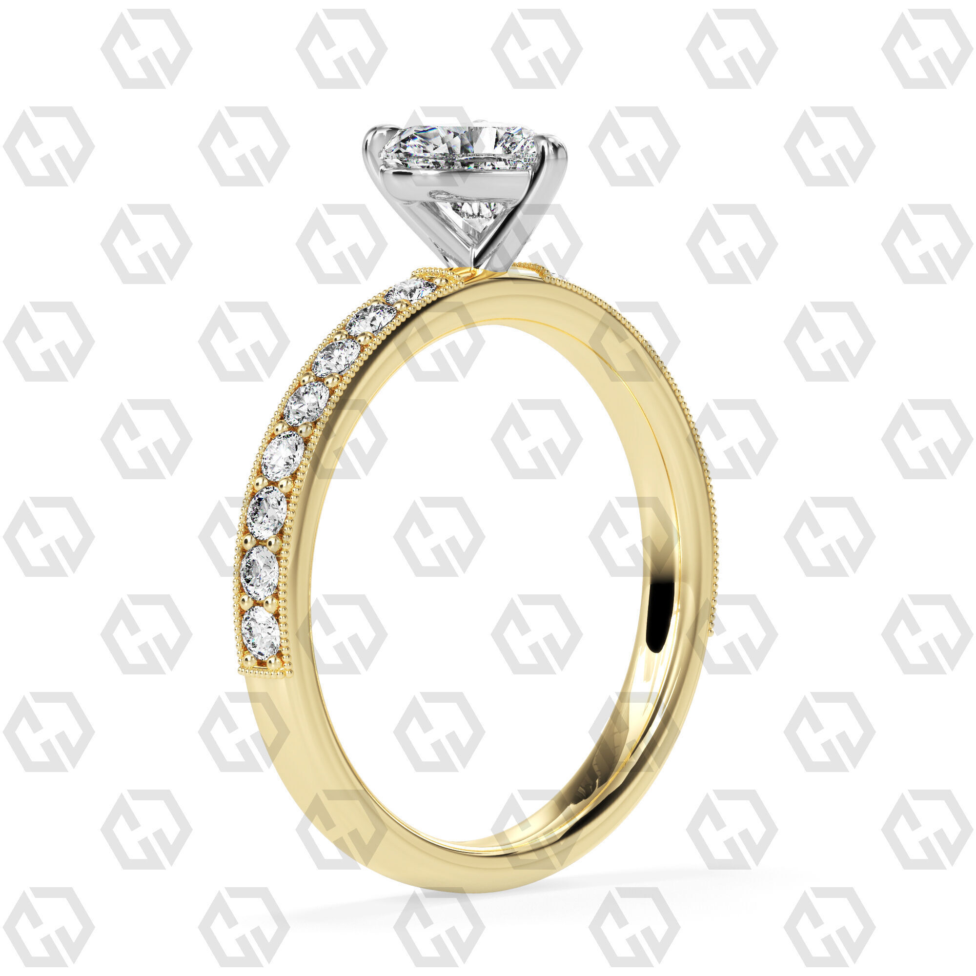 Ring 64 Heart Shape milgrain pave set ring with Gems 3D print model_8