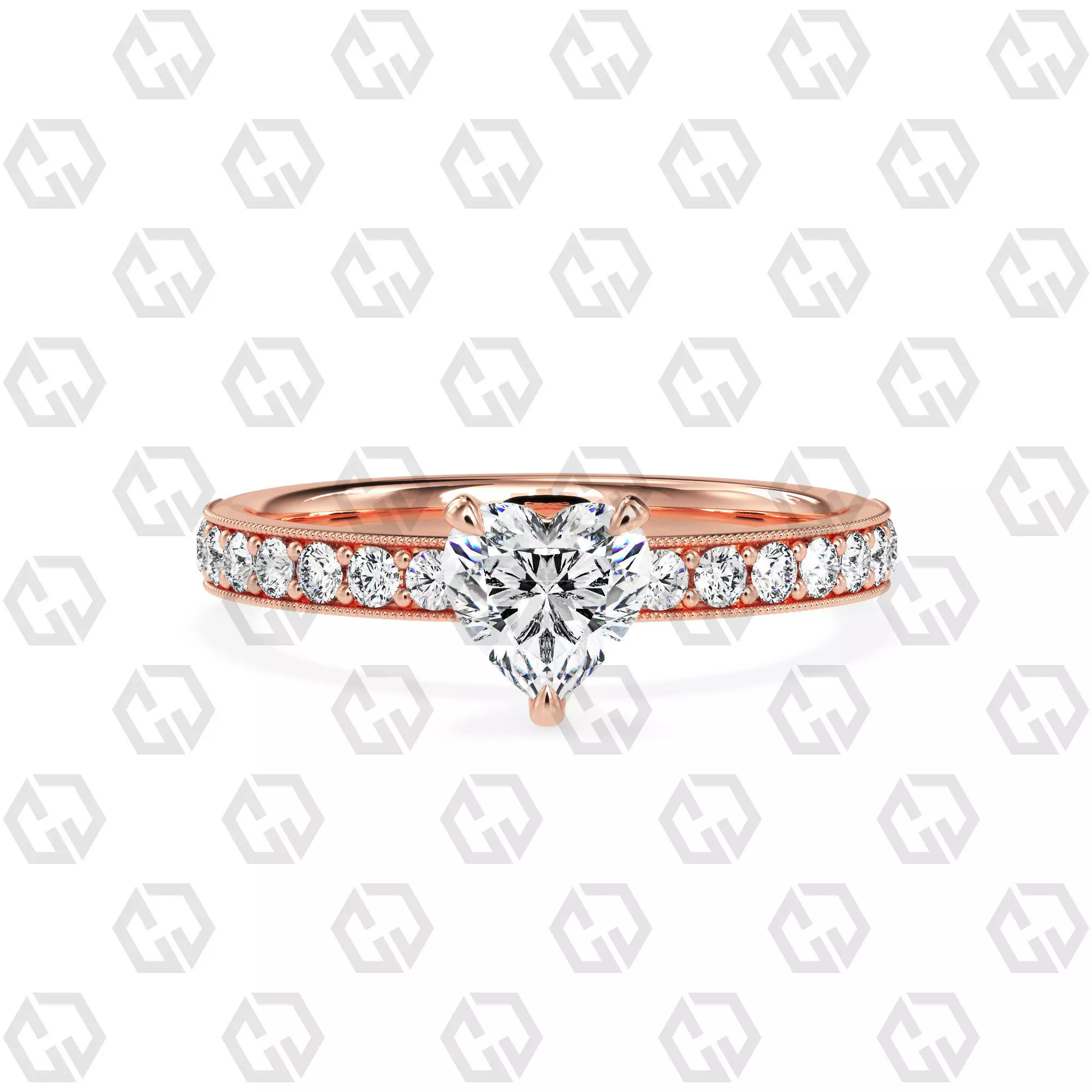 Ring 64 Heart Shape milgrain pave set ring with Gems 3D print model_0