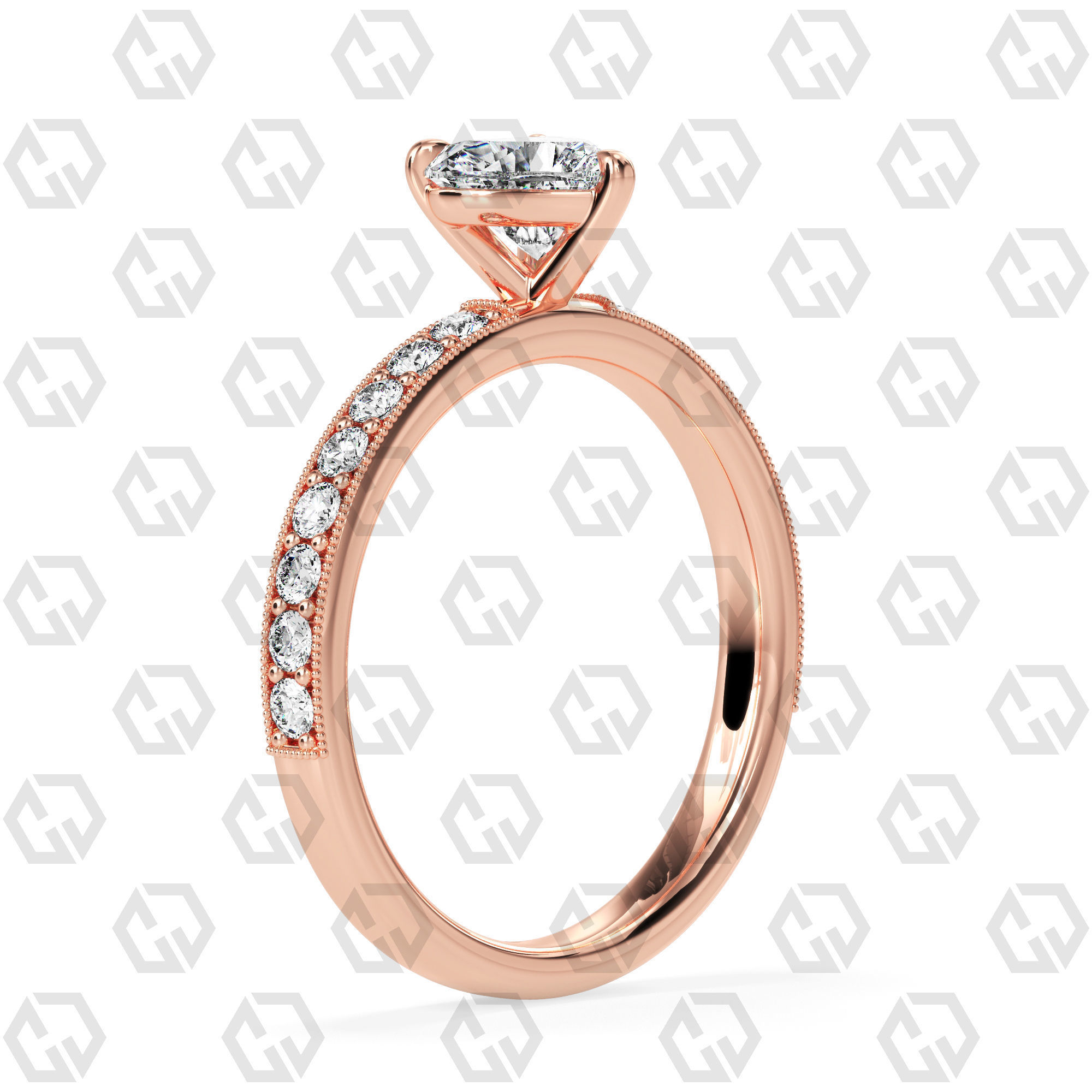 Ring 64 Heart Shape milgrain pave set ring with Gems 3D print model_1