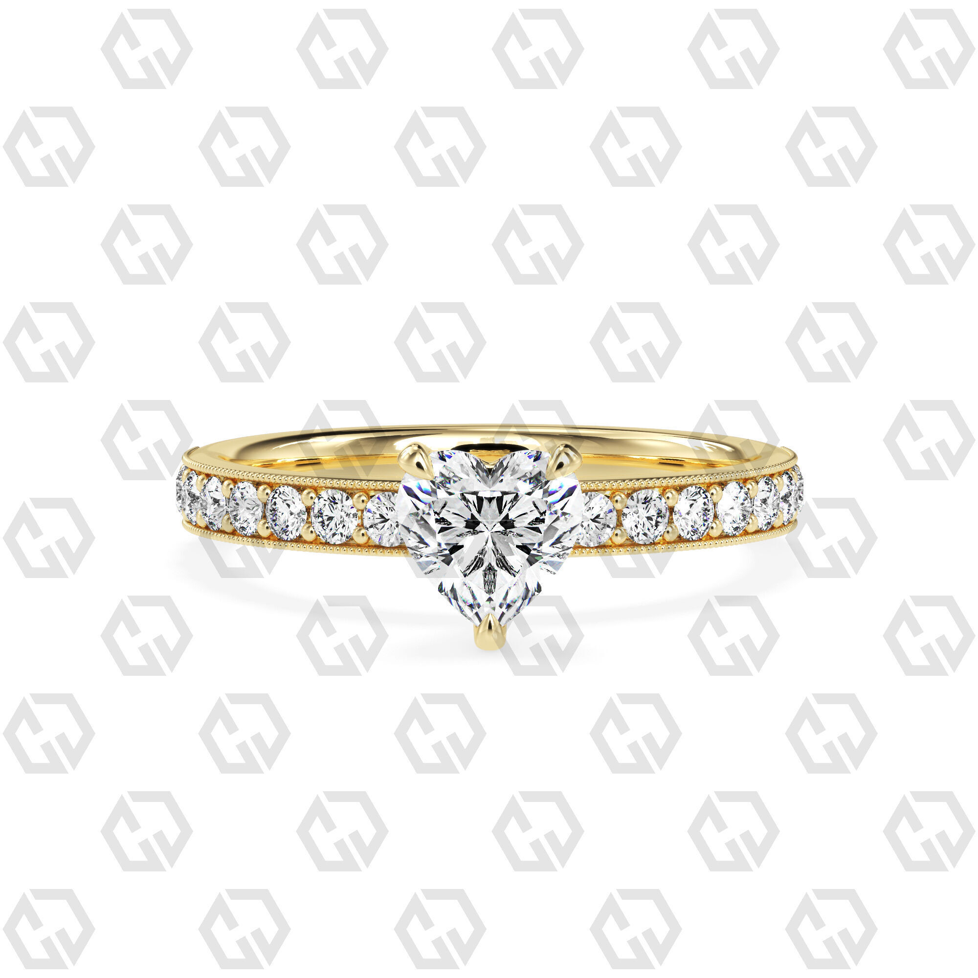 Ring 64 Heart Shape milgrain pave set ring with Gems 3D print model_13