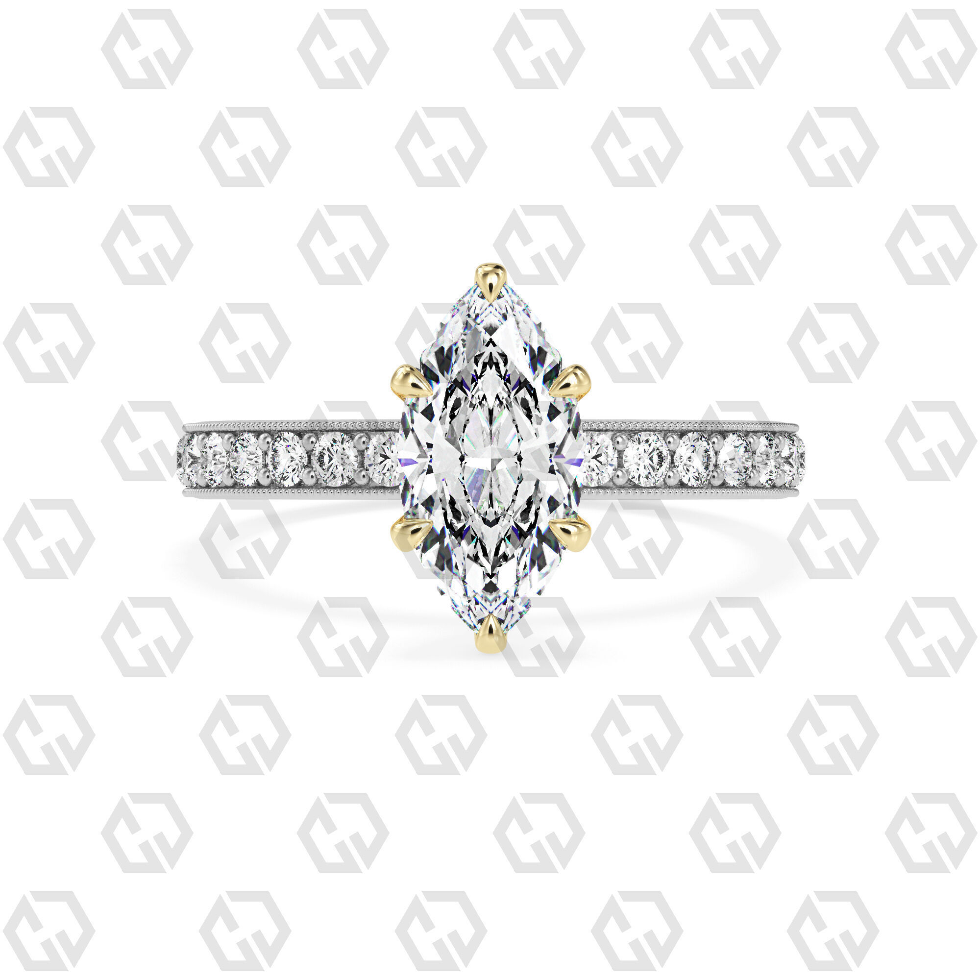 Ring 65 Marquise Shape milgrain pave set ring with Gems 3D print model_11