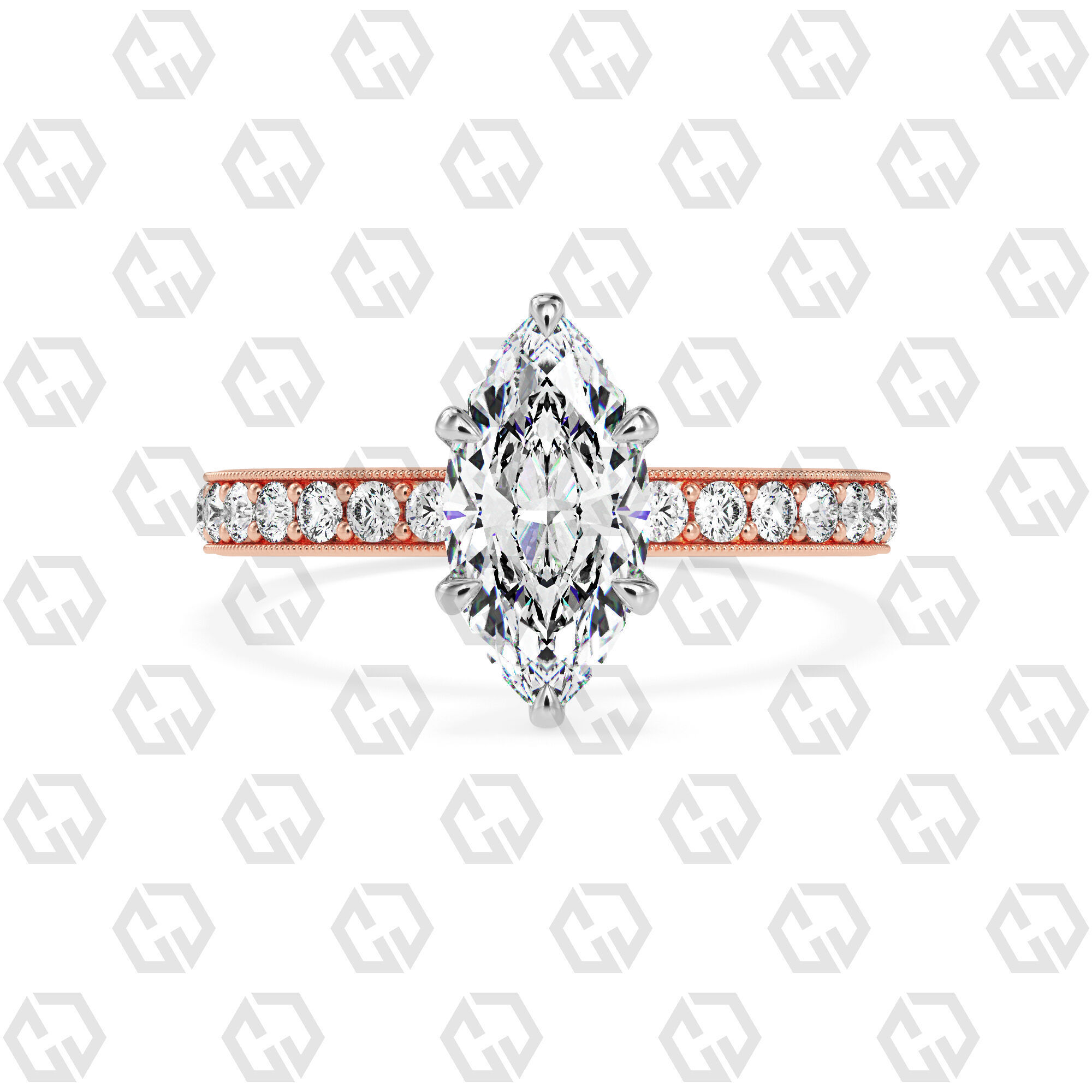 Ring 65 Marquise Shape milgrain pave set ring with Gems 3D print model_5