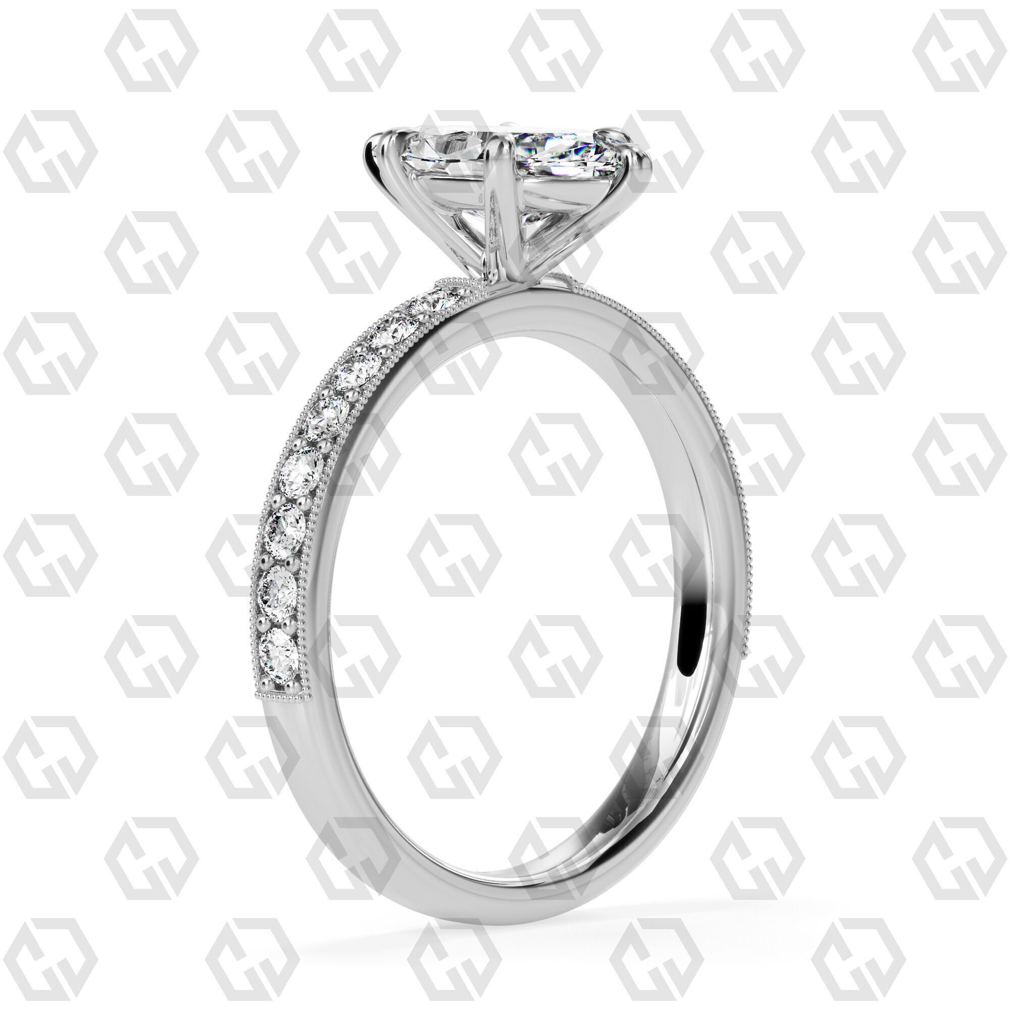 Ring 65 Marquise Shape milgrain pave set ring with Gems 3D print model_6