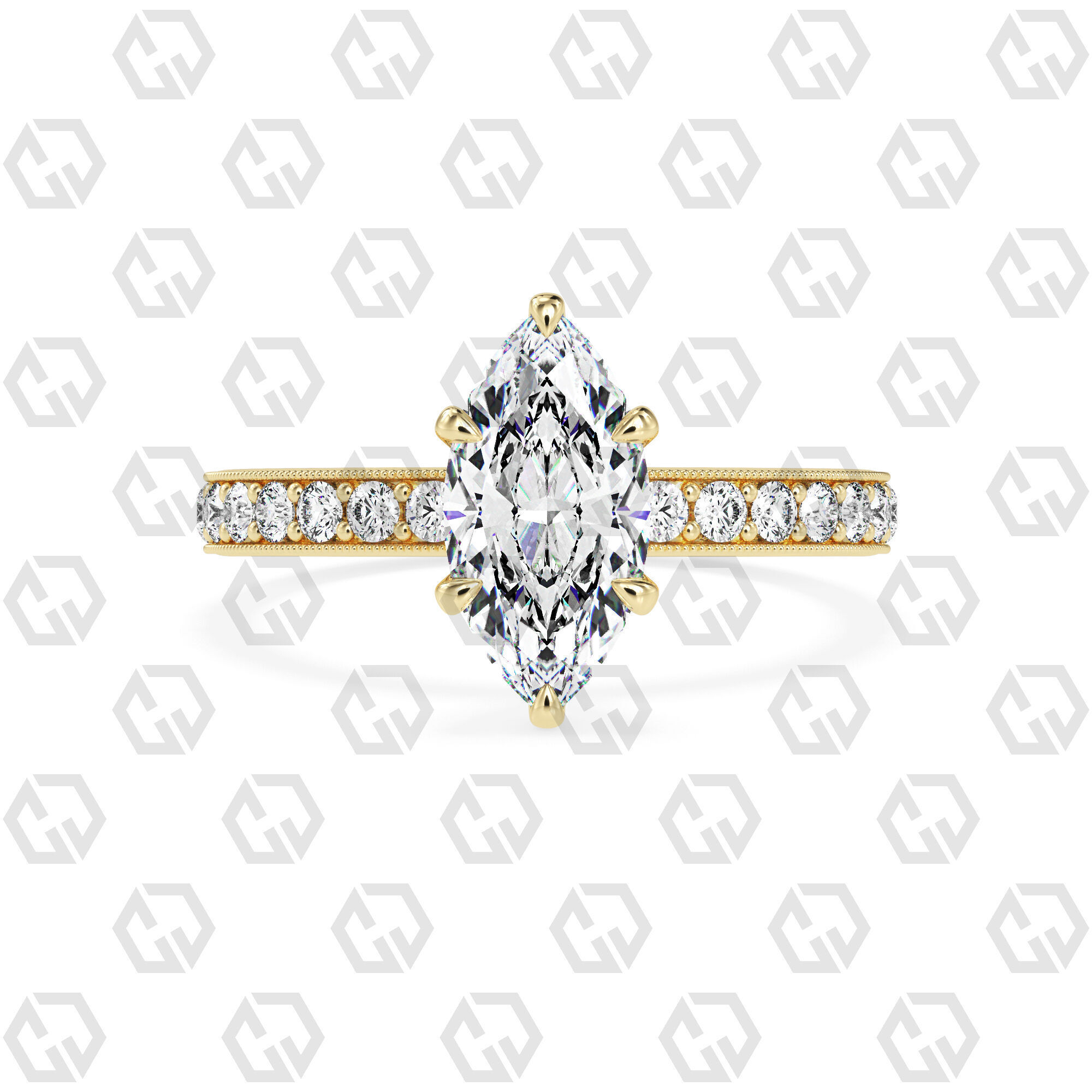 Ring 65 Marquise Shape milgrain pave set ring with Gems 3D print model_13