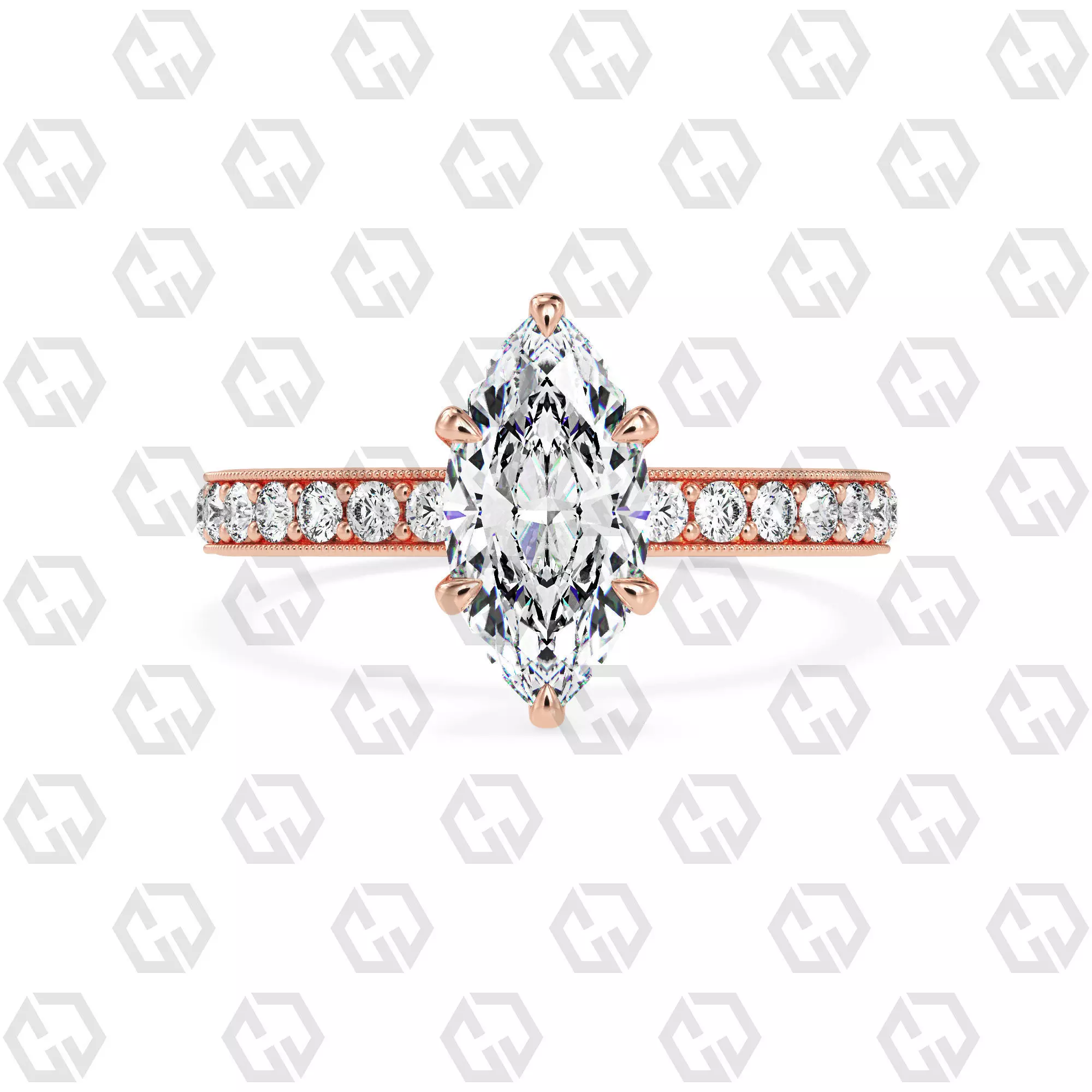 Ring 65 Marquise Shape milgrain pave set ring with Gems 3D print model_0