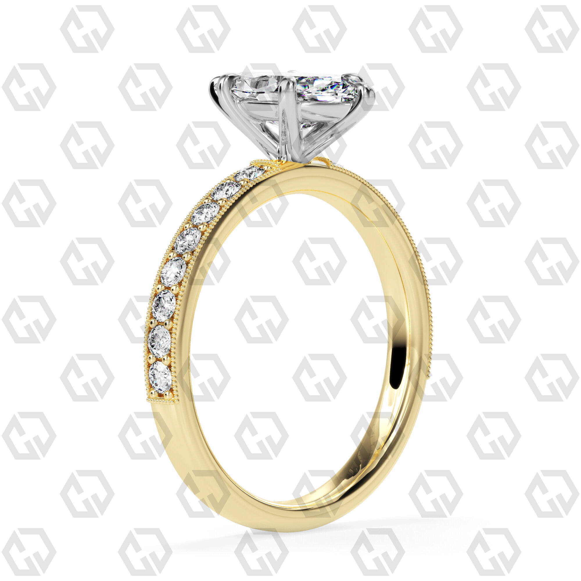 Ring 65 Marquise Shape milgrain pave set ring with Gems 3D print model_8