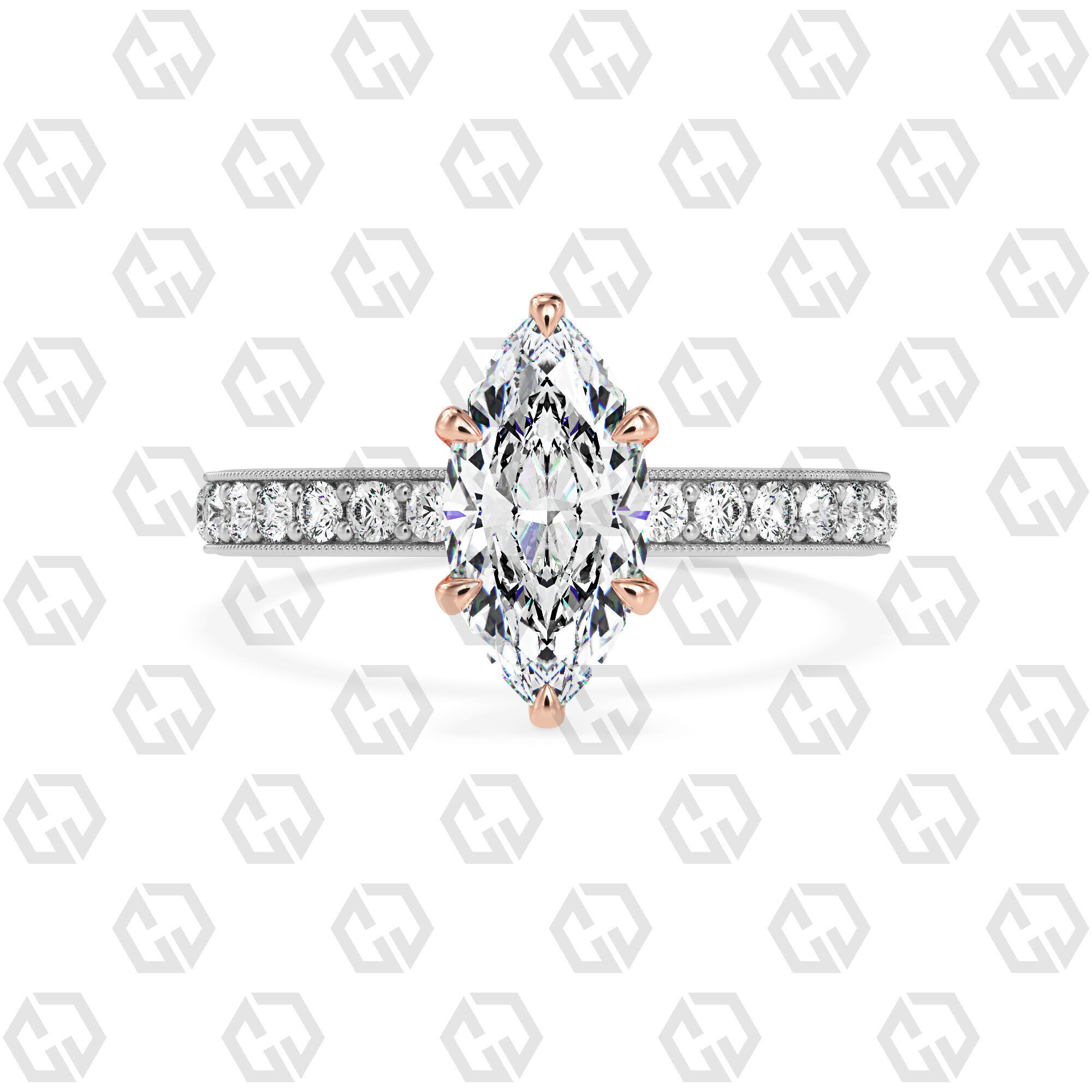 Ring 65 Marquise Shape milgrain pave set ring with Gems 3D print model_3