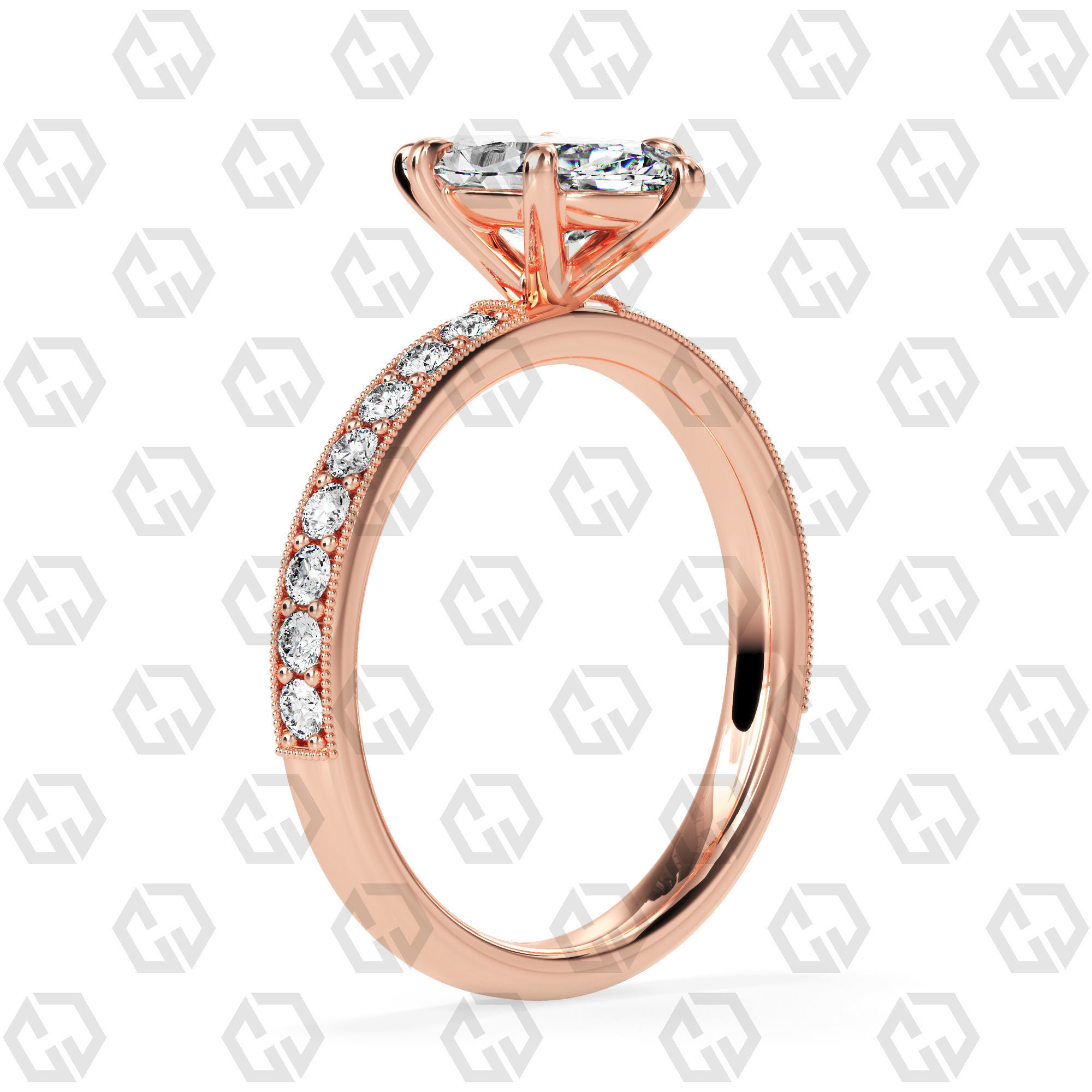 Ring 65 Marquise Shape milgrain pave set ring with Gems 3D print model_1