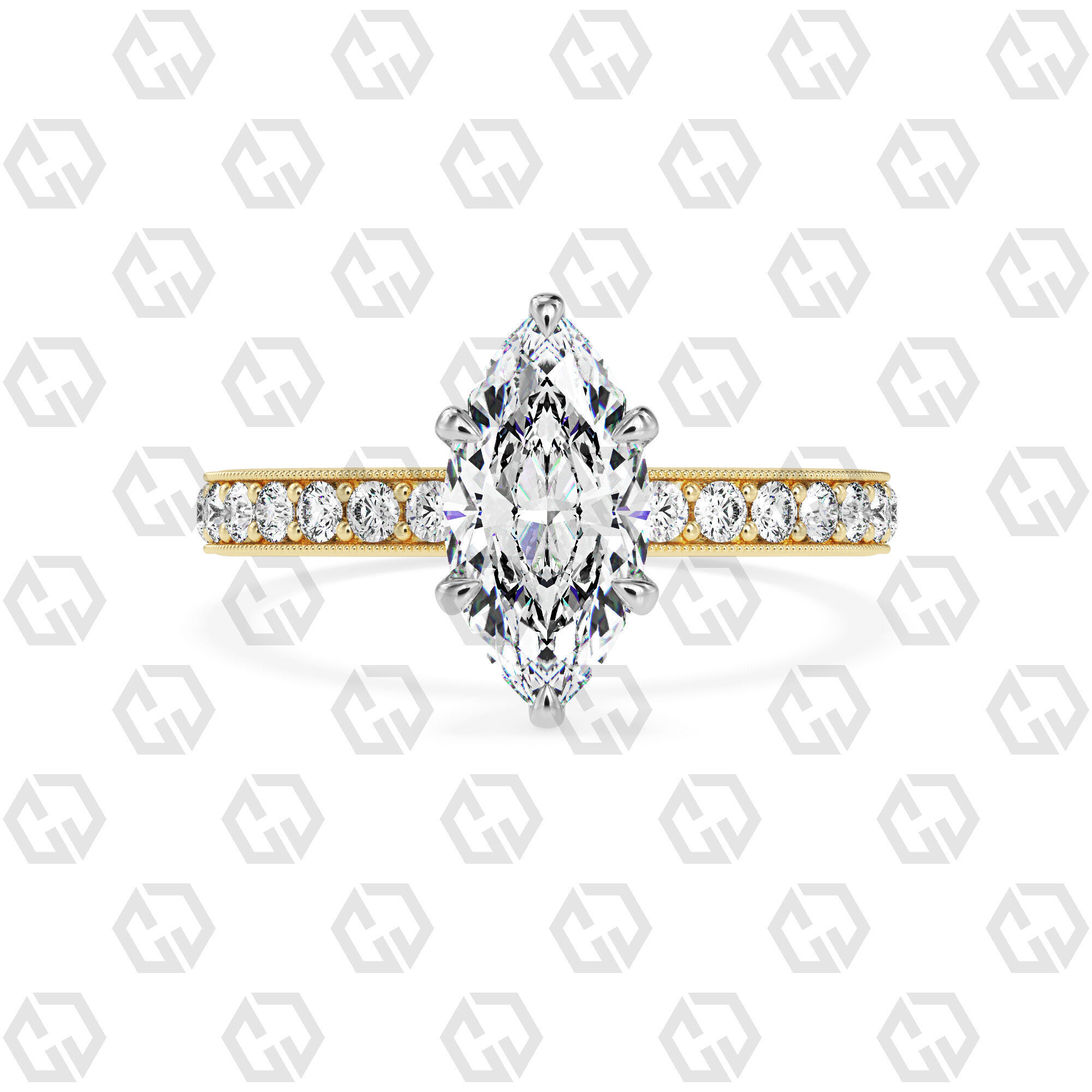 Ring 65 Marquise Shape milgrain pave set ring with Gems 3D print model_9