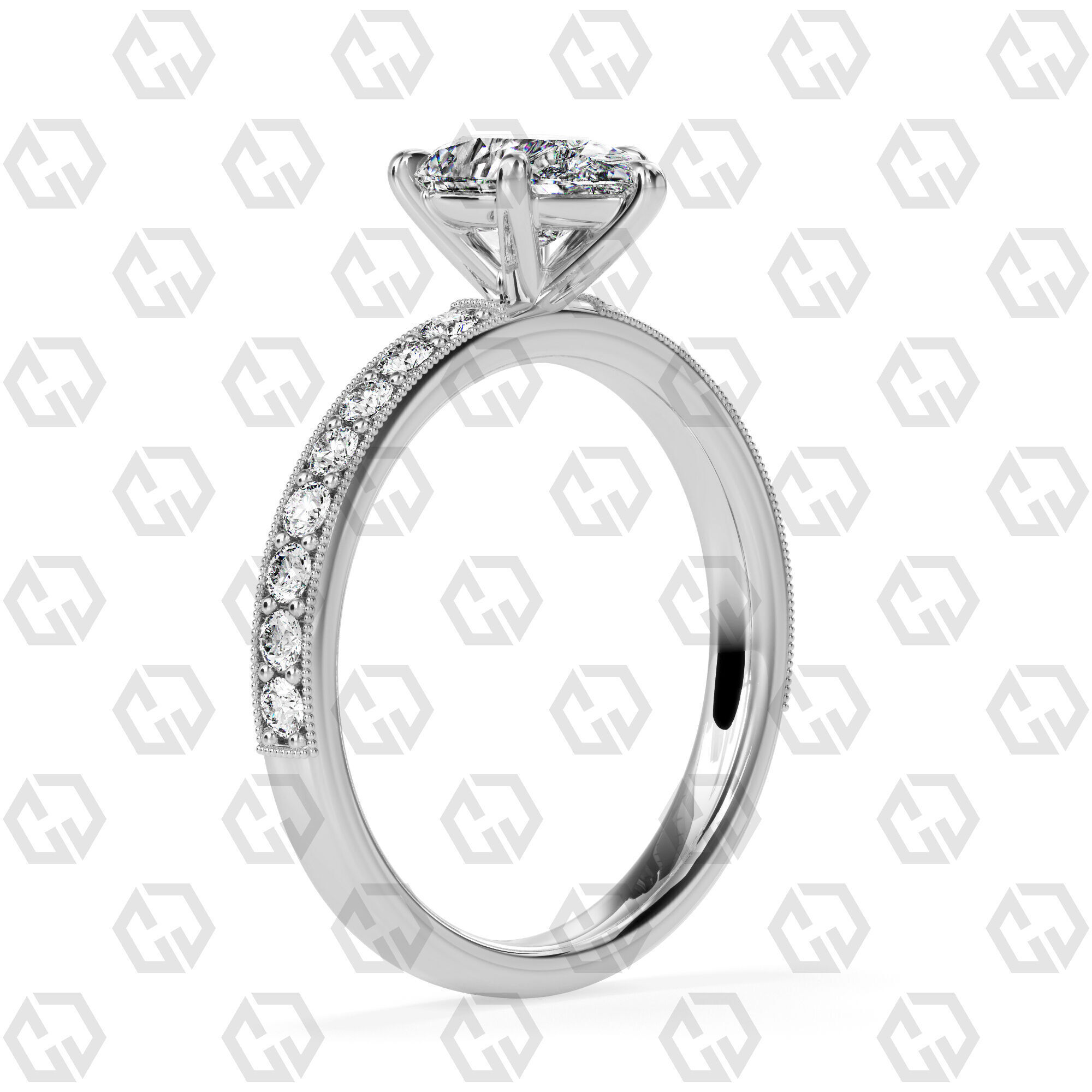 Ring 67 Pear Shape milgrain pave set ring with Gems 3D print model_6